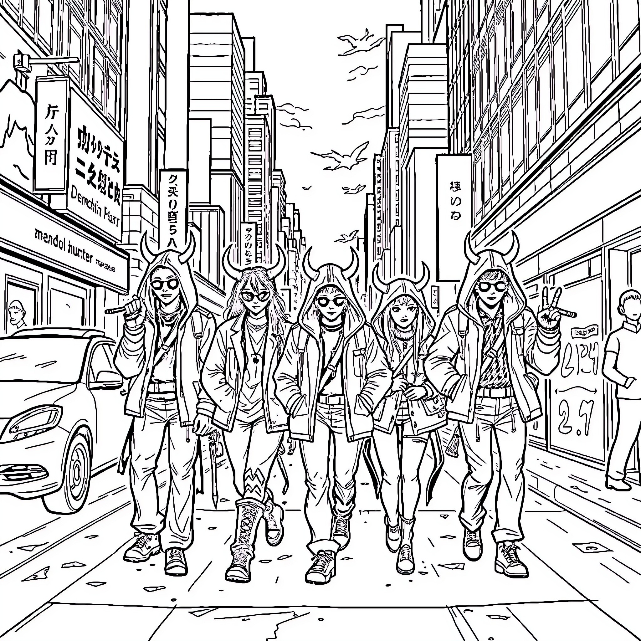K-POP Demon Hunters on a Busy City Street Coloring Page (free black-and-white line drawing printable PDF for all, from beginners to advanced learners, including children, teens, adults, and seniors)