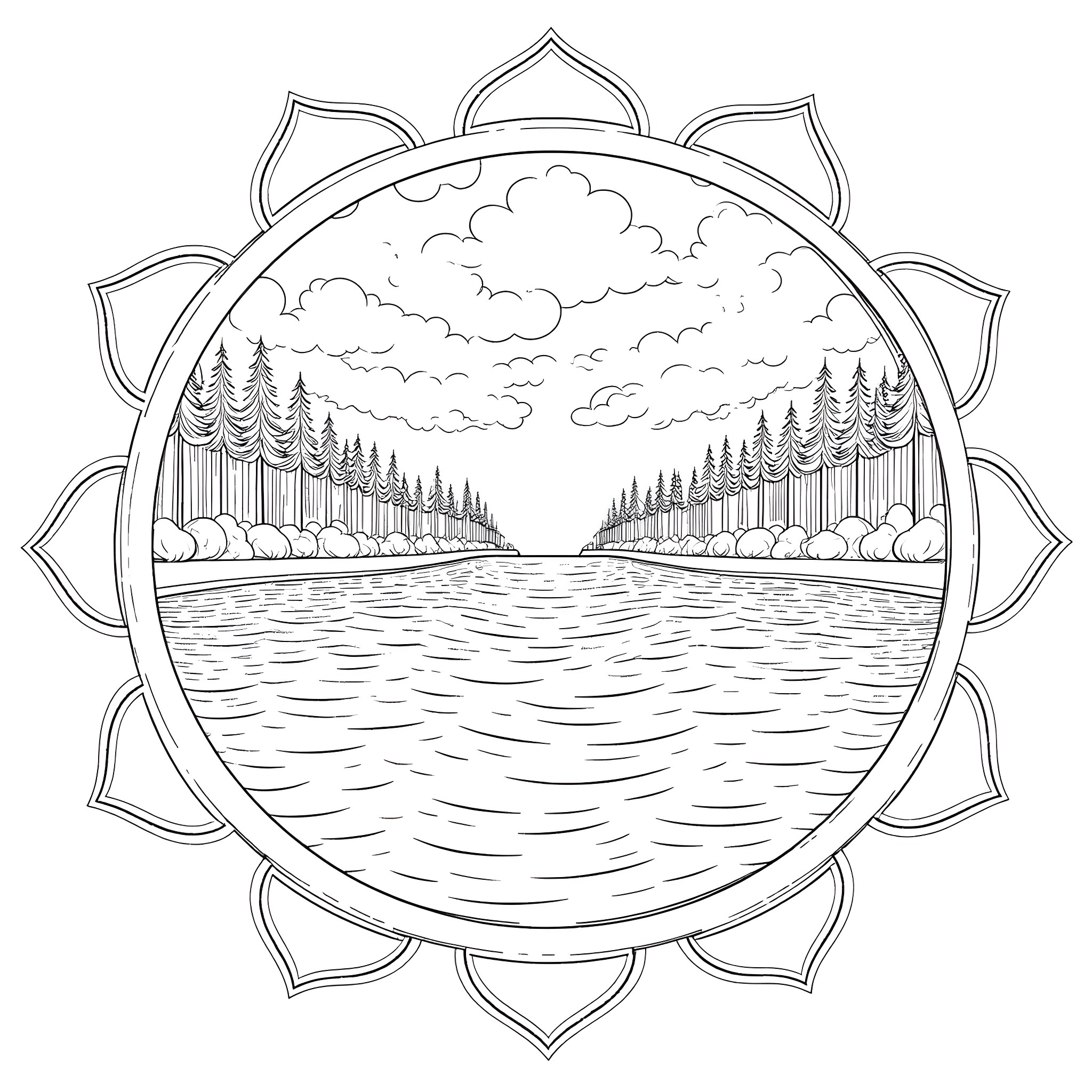 Mandala depicting a serene lakeside landscape Coloring Page (free black-and-white line drawing printable PDF for all, from beginners to advanced learners, including children, teens, adults, and seniors)