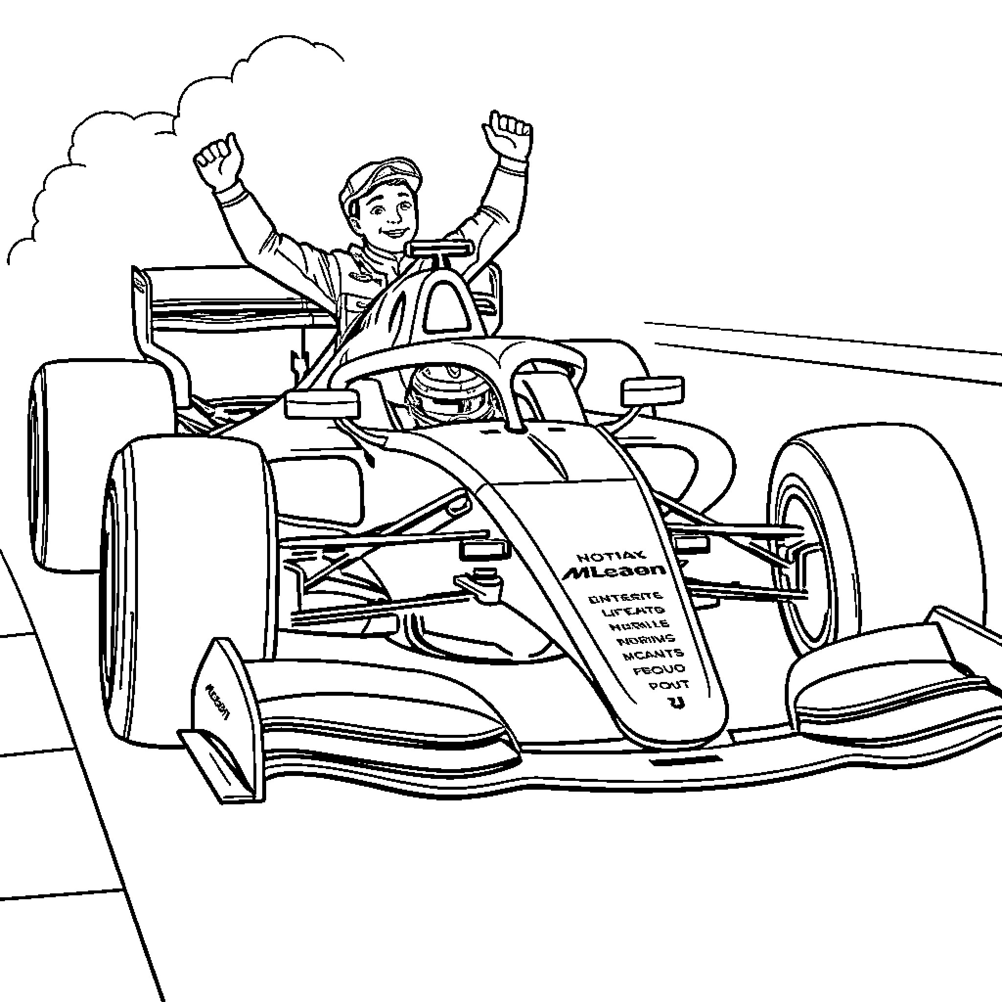 F1 Car Driver Celebrating Victory on the Track Coloring Page (free black-and-white line drawing printable PDF for all, from beginners to advanced learners, including children, teens, adults, and seniors)