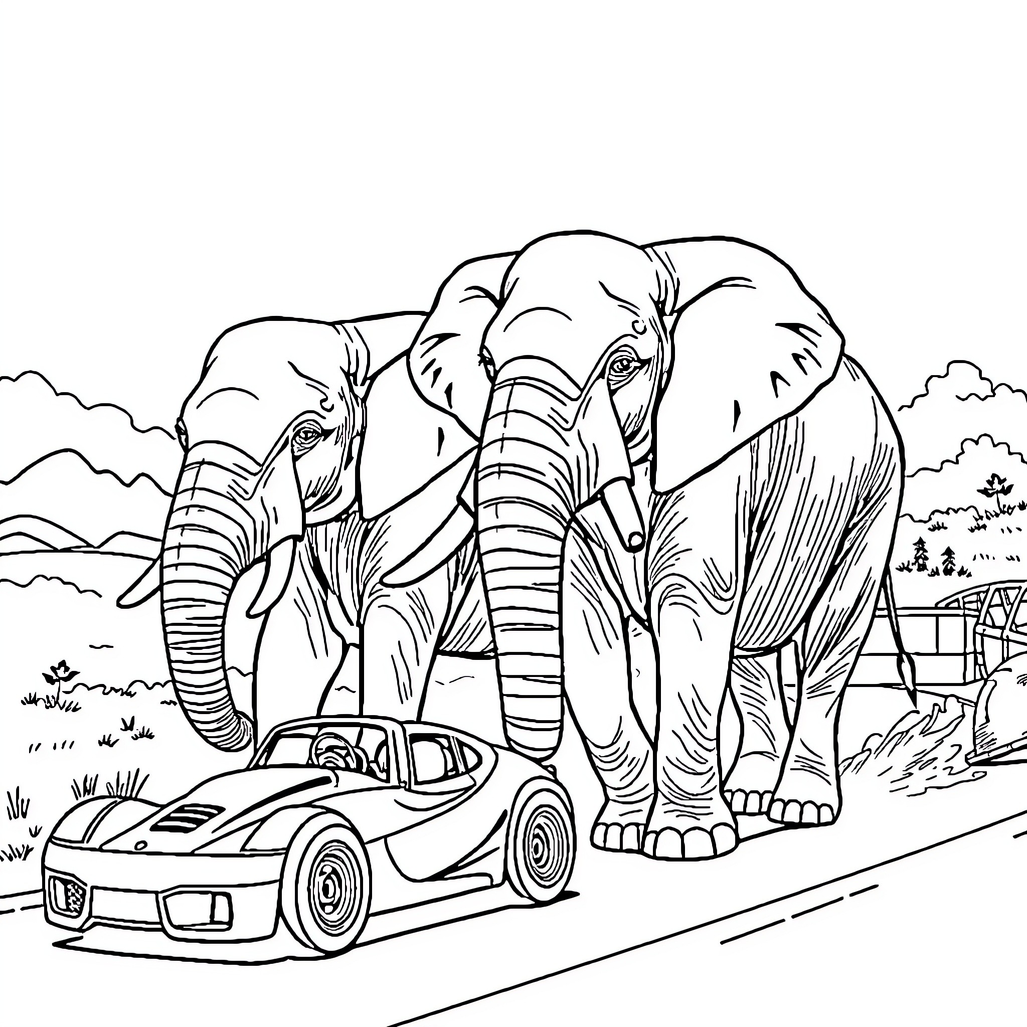 Elephant pair crossing road with sports car Coloring Page (free black-and-white line drawing printable PDF for all, from beginners to advanced learners, including children, teens, adults, and seniors)