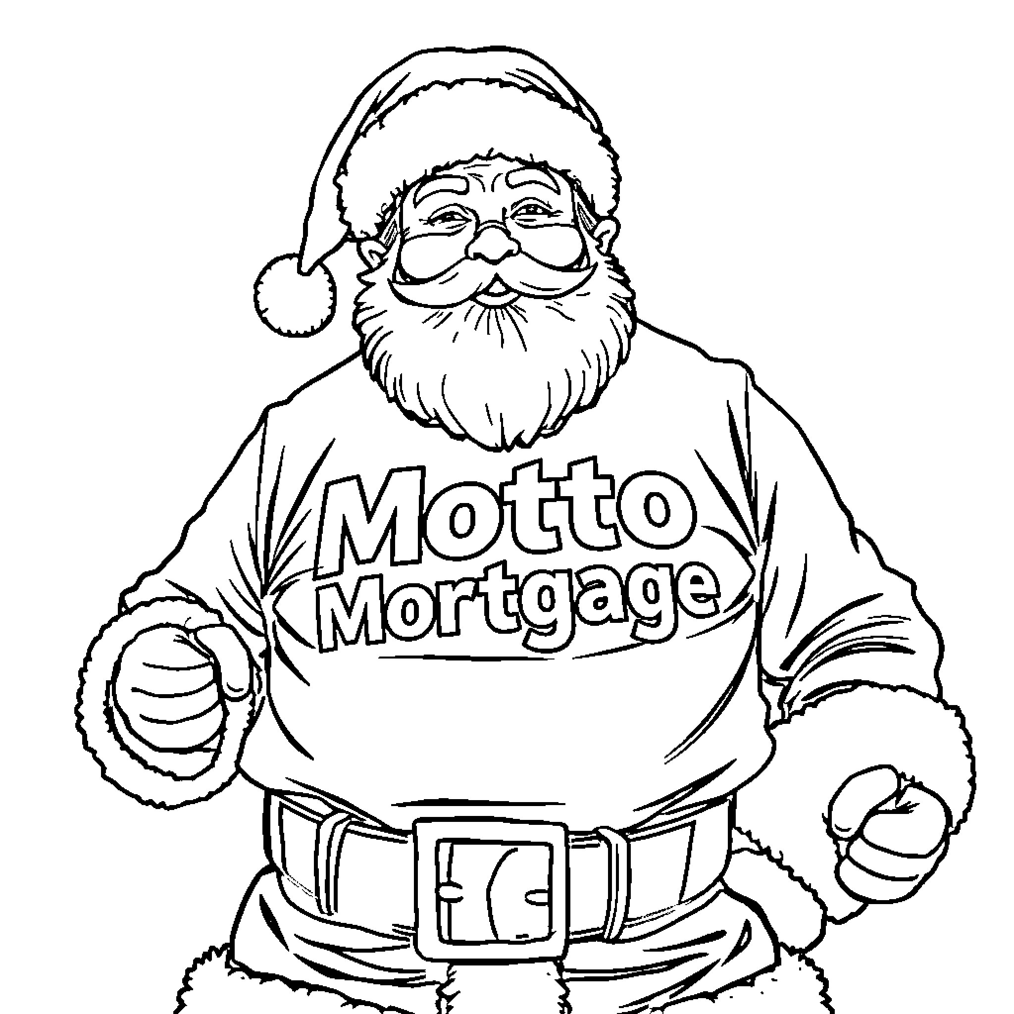 Santa in Motto Mortgage outfit with thumbs up Coloring Page (free black-and-white line drawing printable PDF for all, from beginners to advanced learners, including children, teens, adults, and seniors)