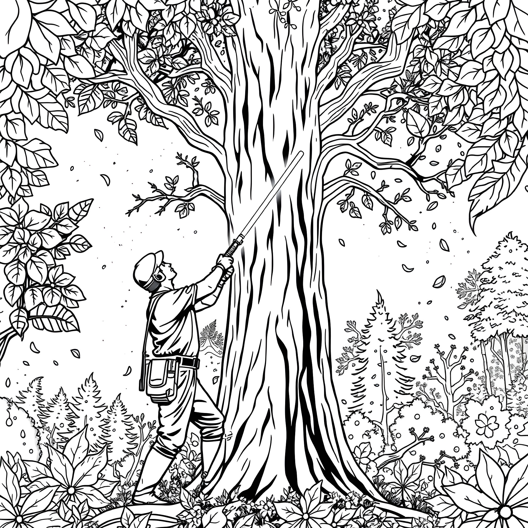 Arborist Pruning a Flourishing Tree in Lush Surroundings Coloring Page (free black-and-white line drawing printable PDF for all, from beginners to advanced learners, including children, teens, adults, and seniors)