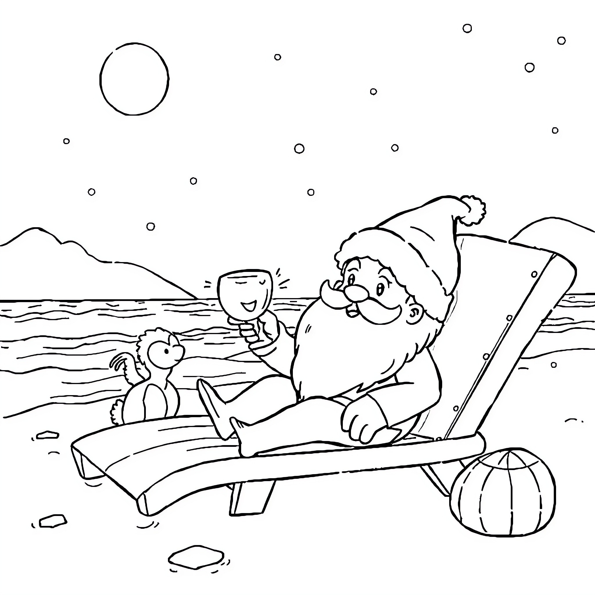 Santa relaxing on a beach chair with a penguin companion Coloring Page (free black-and-white line drawing printable PDF for all, from beginners to advanced learners, including children, teens, adults, and seniors)
