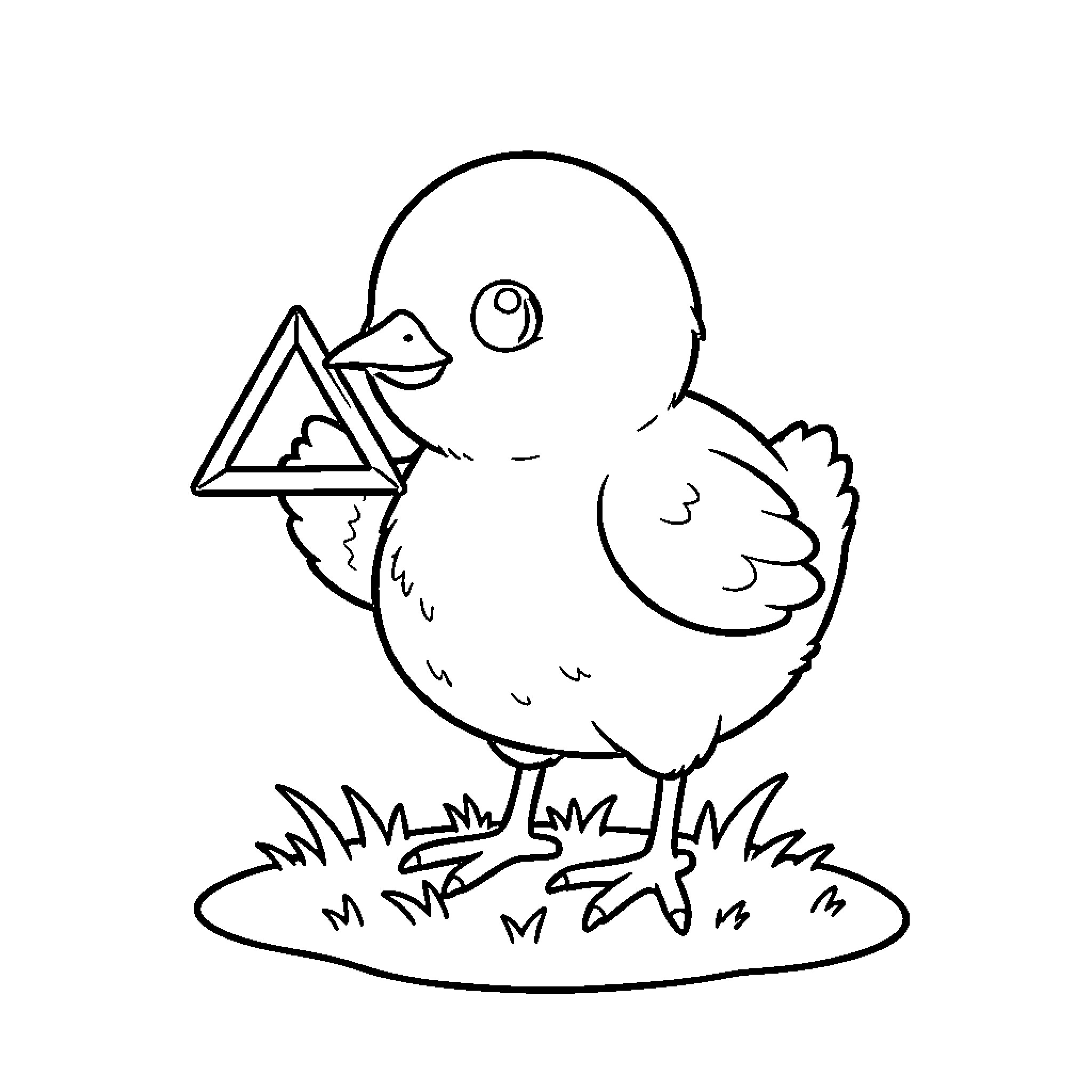 Chick holding a triangle shape in its beak Coloring Page (free black-and-white line drawing printable PDF for all, from beginners to advanced learners, including children, teens, adults, and seniors)