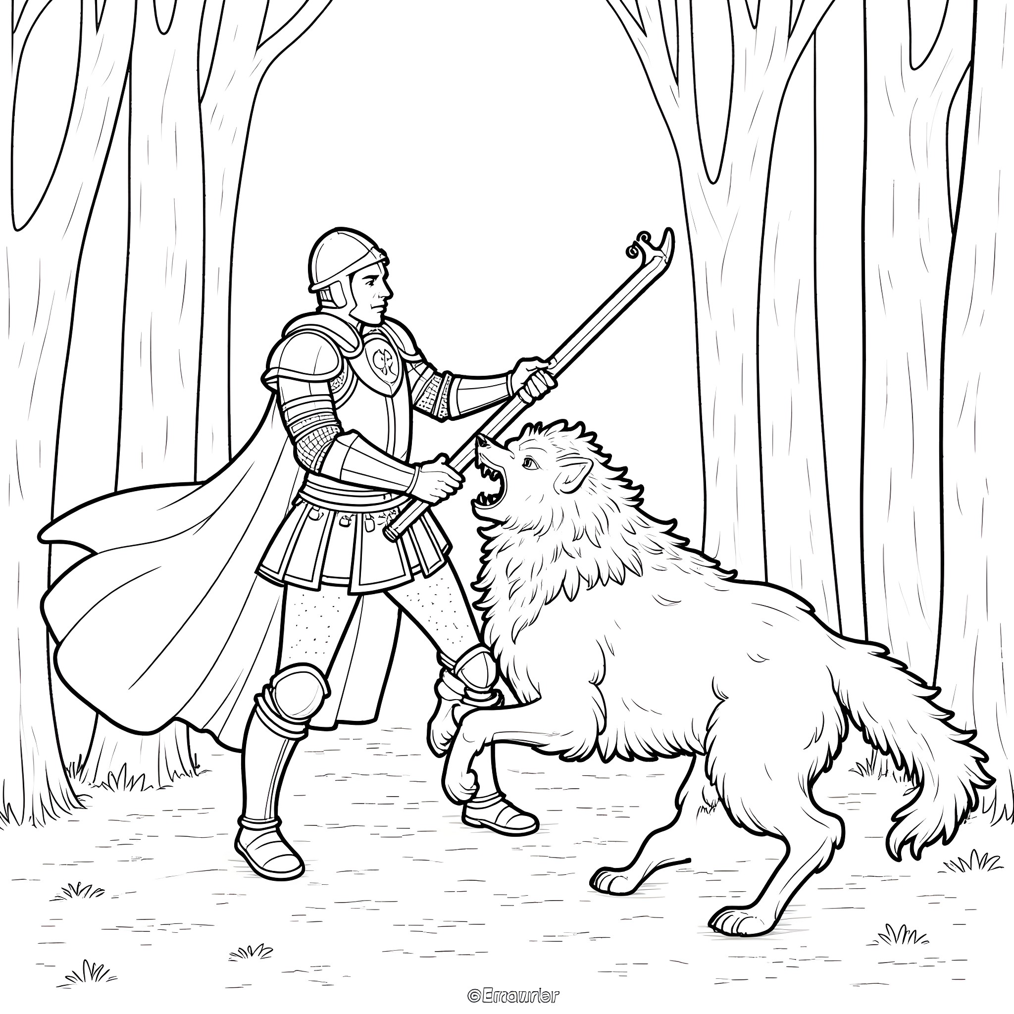 Knight battles a fearsome beast in the forest Coloring Page (free black-and-white line drawing printable PDF for all, from beginners to advanced learners, including children, teens, adults, and seniors)