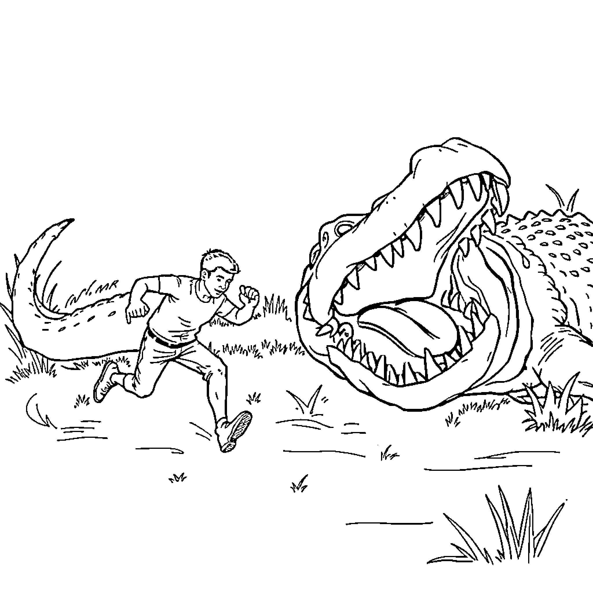 Man running from ferocious alligator in the wild Coloring Page (free black-and-white line drawing printable PDF for all, from beginners to advanced learners, including children, teens, adults, and seniors)