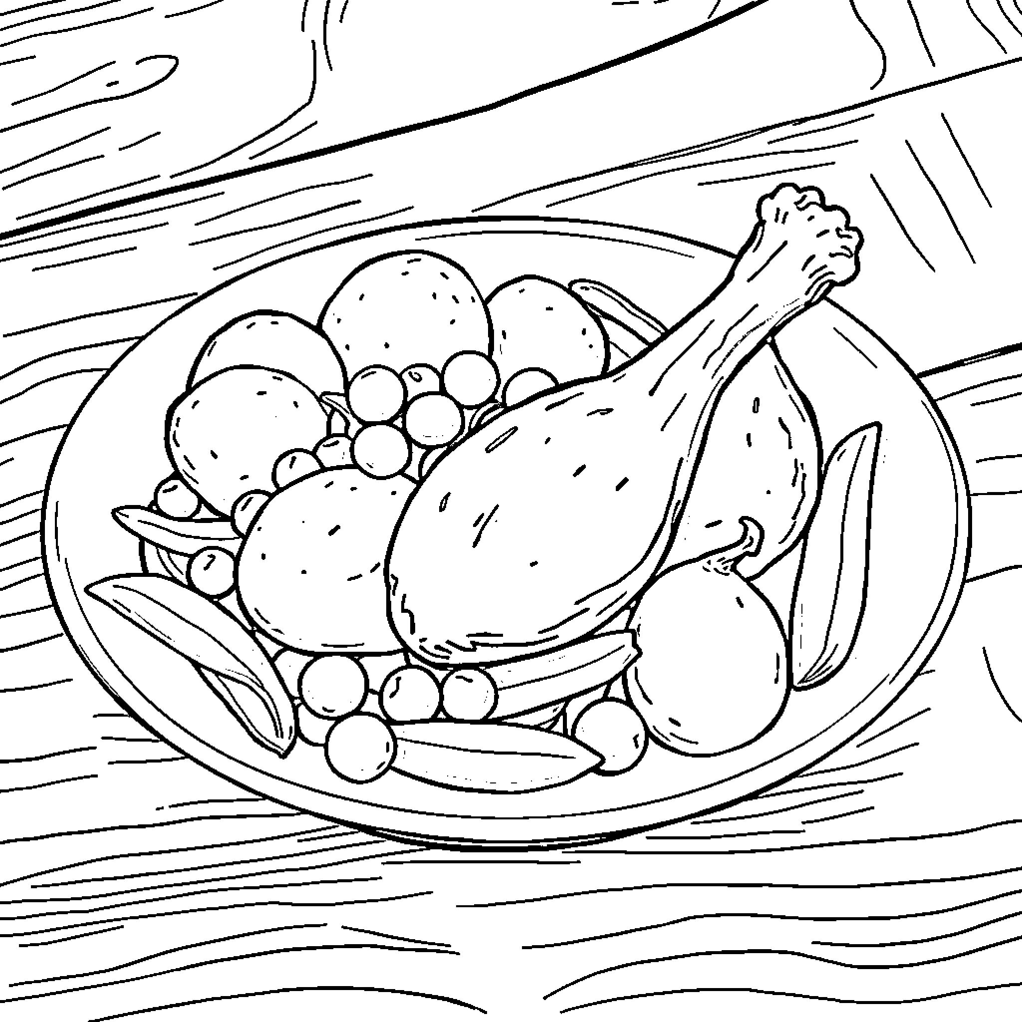 Dish of cooked poultry and vegetables Coloring Page (free black-and-white line drawing printable PDF for all, from beginners to advanced learners, including children, teens, adults, and seniors)
