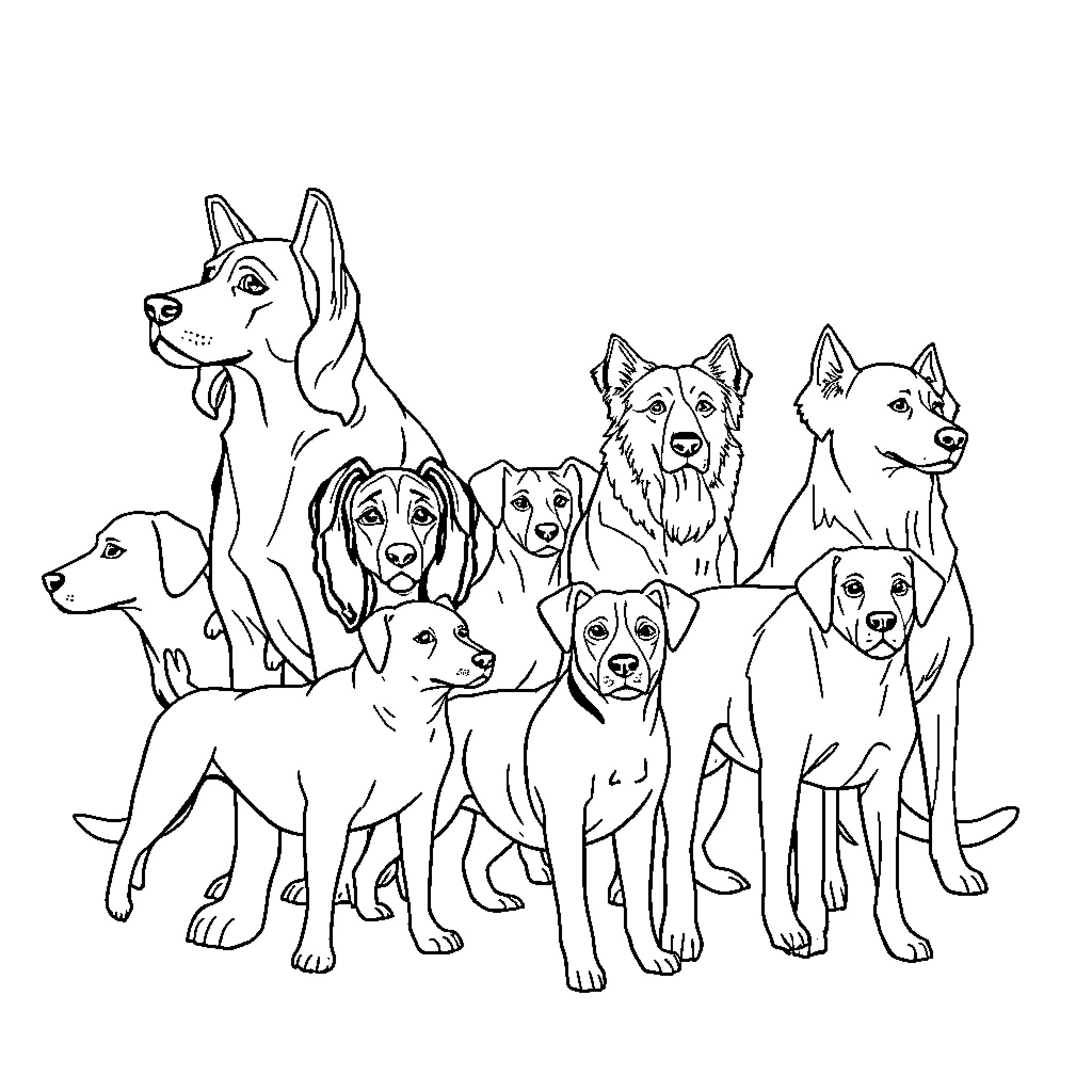 Dog friends posing together in a group Coloring Page (free black-and-white line drawing printable PDF for all, from beginners to advanced learners, including children, teens, adults, and seniors)
