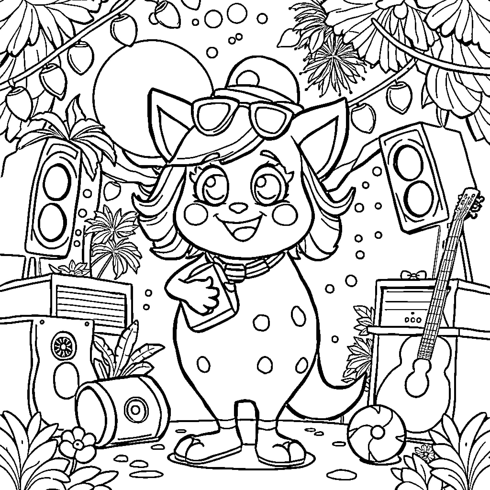 Coco's Musical Adventure in the Tropics Coloring Page (free black-and-white line drawing printable PDF for all, from beginners to advanced learners, including children, teens, adults, and seniors)