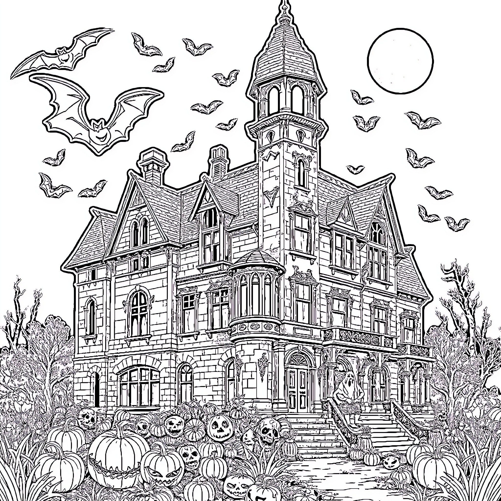 Mansion of Halloween Festivities Coloring Page (free black-and-white line drawing printable PDF for all, from beginners to advanced learners, including children, teens, adults, and seniors)