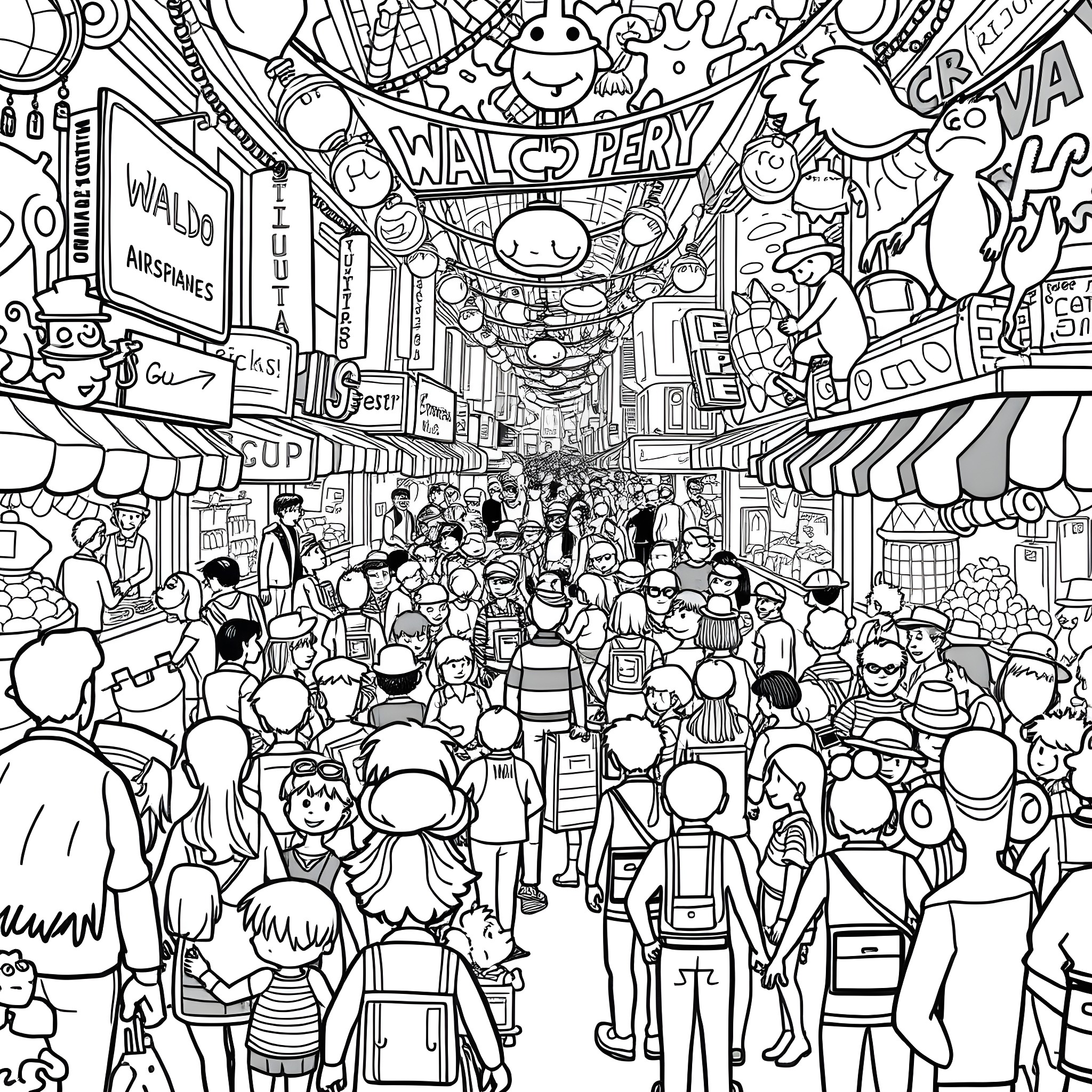Waldo explores the lively and crowded marketplace Coloring Page (free black-and-white line drawing printable PDF for all, from beginners to advanced learners, including children, teens, adults, and seniors)
