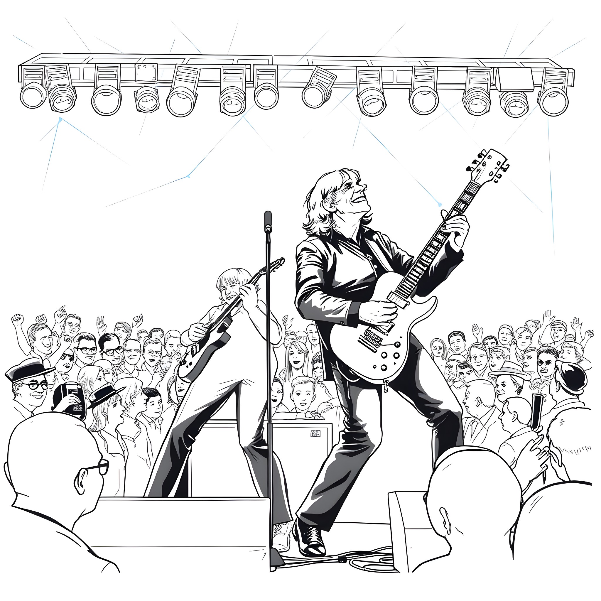 Guitar player performing on stage with a crowd Coloring Page (free black-and-white line drawing printable PDF for all, from beginners to advanced learners, including children, teens, adults, and seniors)