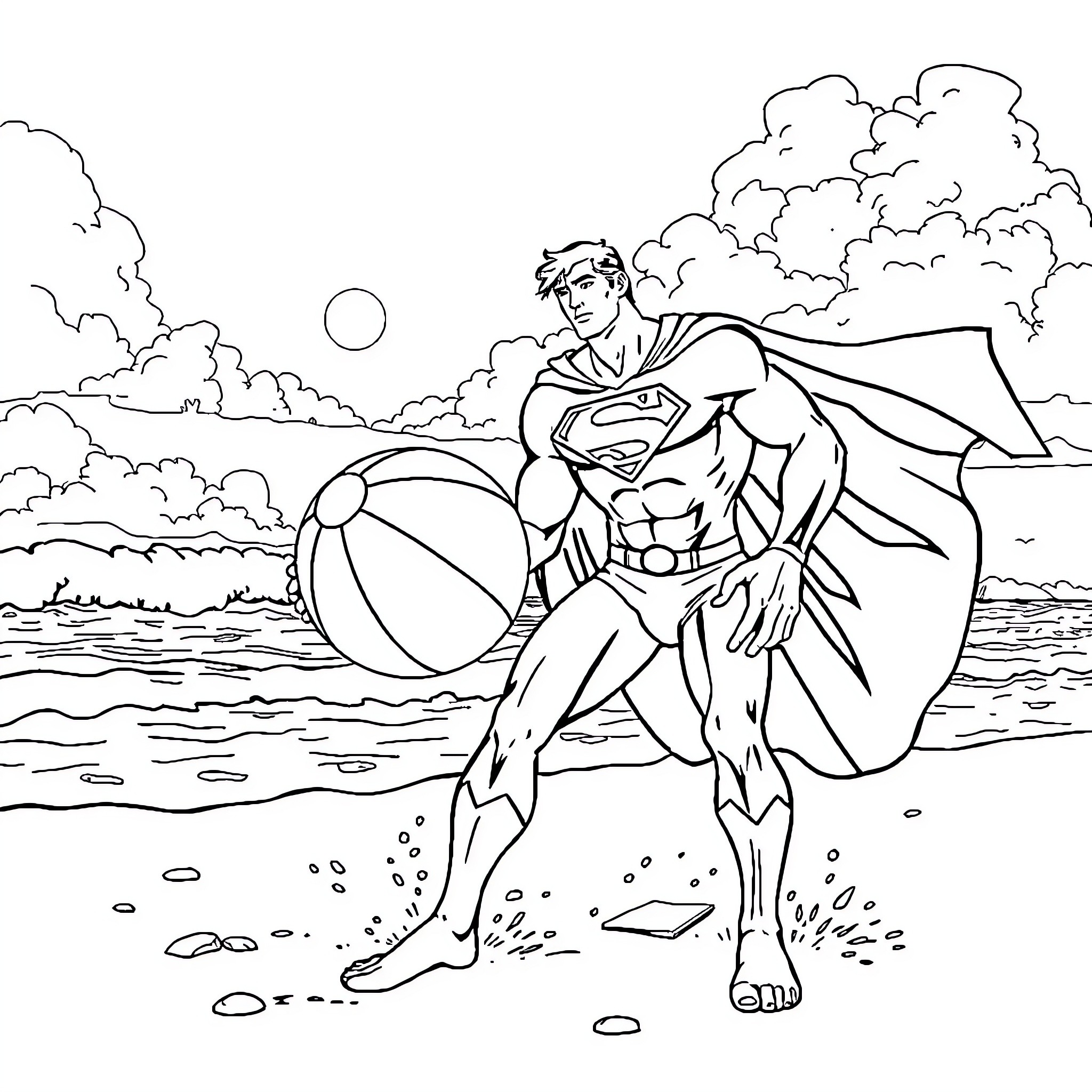 Superman taking a break on the beach Coloring Page (free black-and-white line drawing printable PDF for all, from beginners to advanced learners, including children, teens, adults, and seniors)