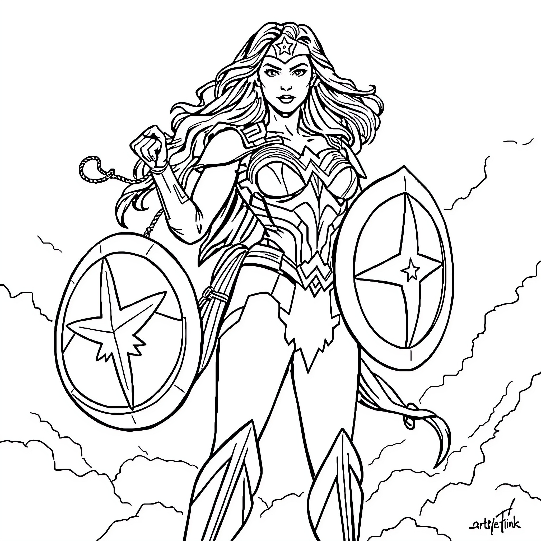 Wonder Woman in heroic action pose with shield and lasso Coloring Page (free black-and-white line drawing printable PDF for all, from beginners to advanced learners, including children, teens, adults, and seniors)