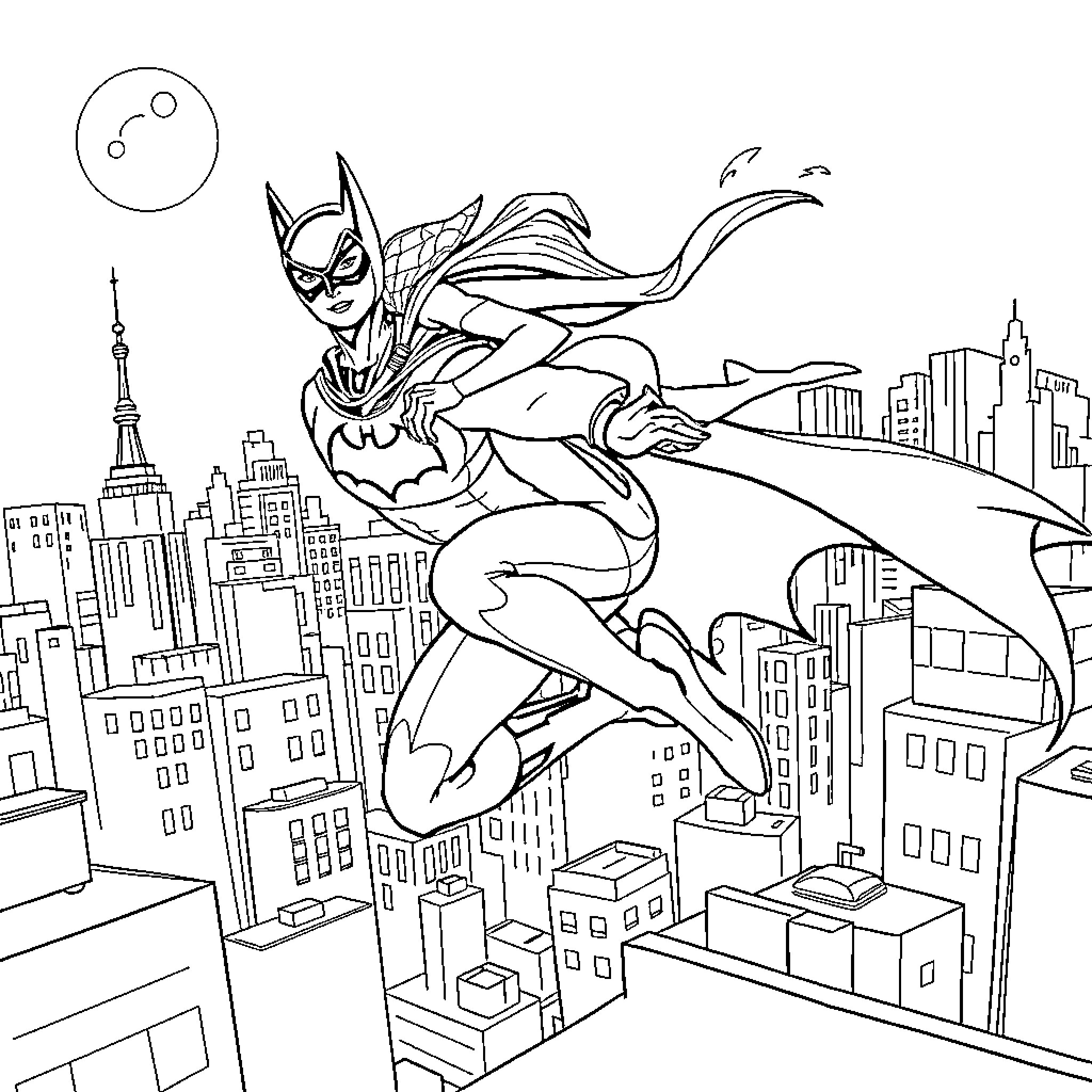 Cat Woman leaping over city skyline Coloring Page (free black-and-white line drawing printable PDF for all, from beginners to advanced learners, including children, teens, adults, and seniors)