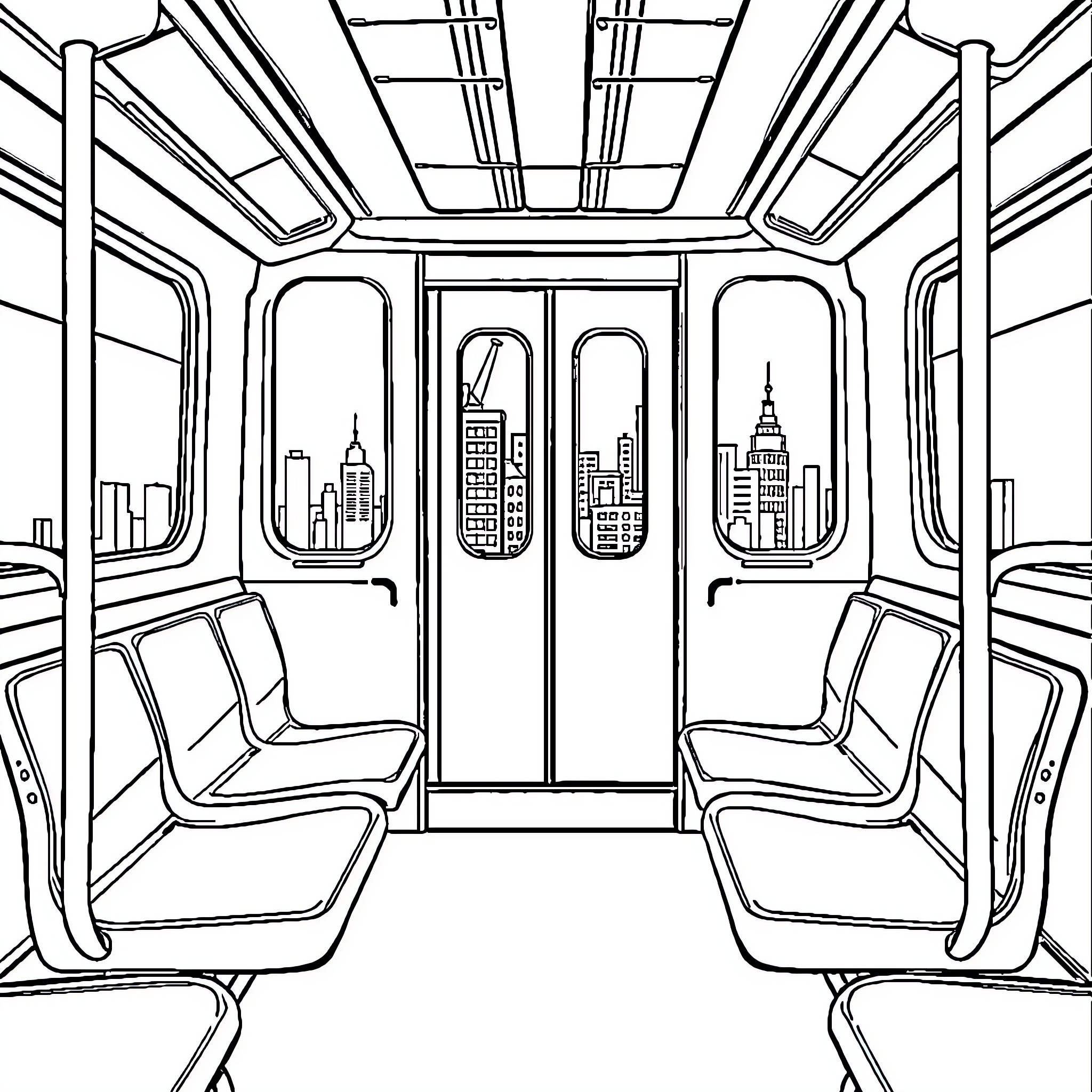 Subway Car with City Skyline Views Coloring Page (free black-and-white line drawing printable PDF for all, from beginners to advanced learners, including children, teens, adults, and seniors)
