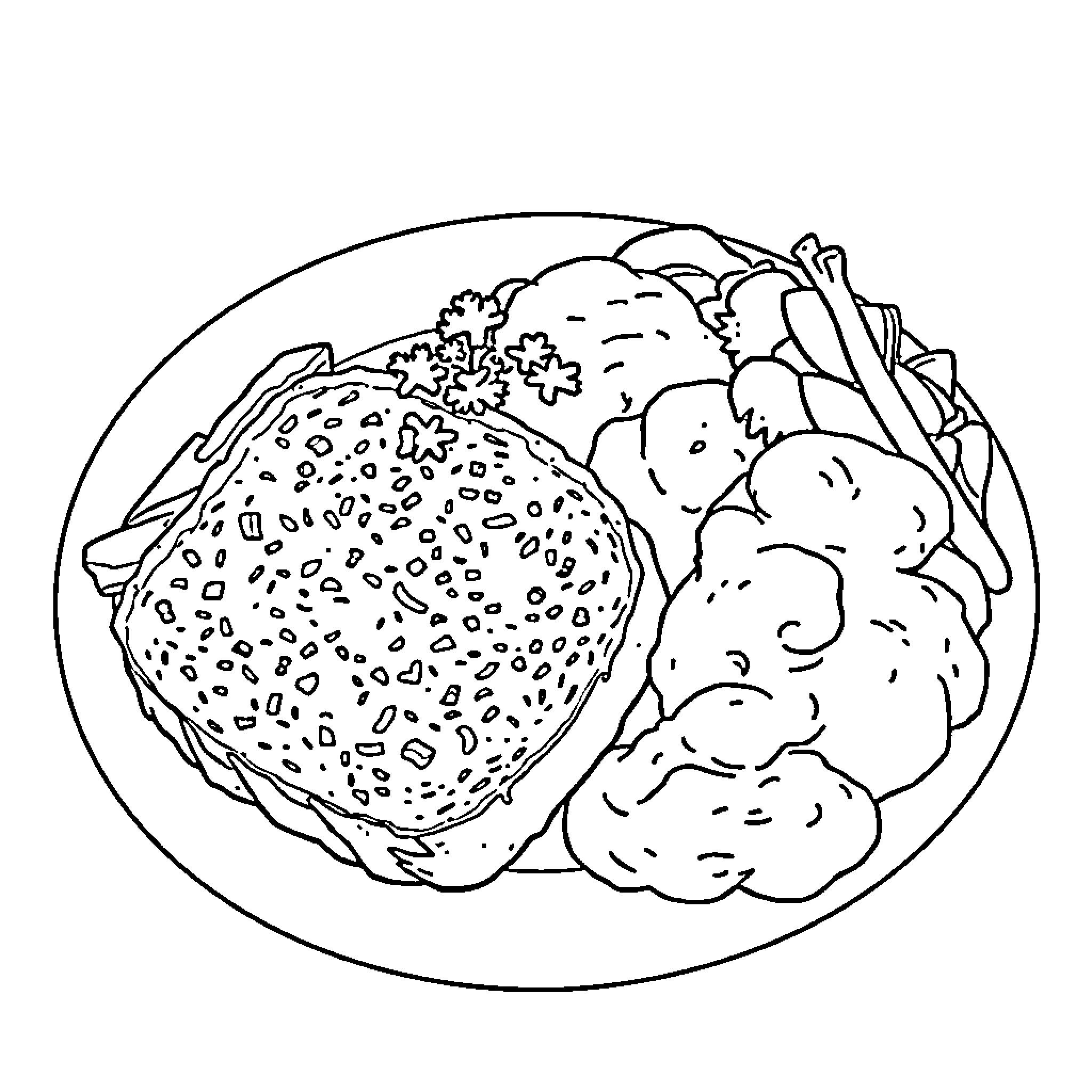 Food served in a plate with various items Coloring Page (free black-and-white line drawing printable PDF for all, from beginners to advanced learners, including children, teens, adults, and seniors)