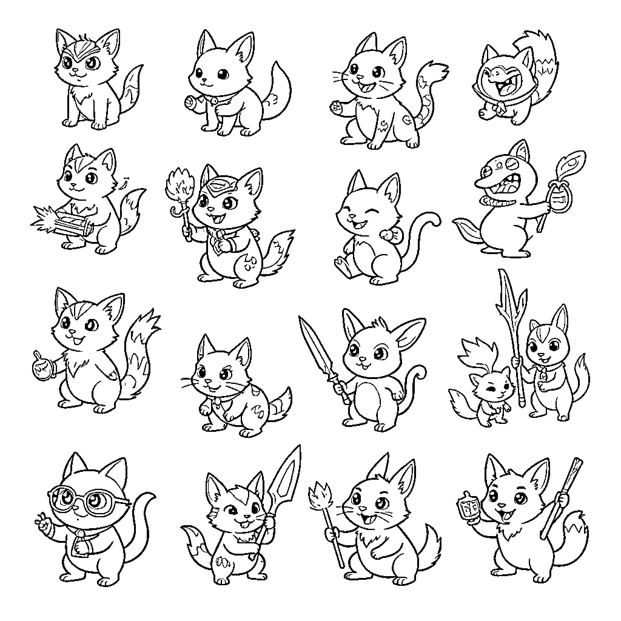 Pokémon characters in various cute poses and expressions Coloring Page (free black-and-white line drawing printable PDF for all, from beginners to advanced learners, including children, teens, adults, and seniors)