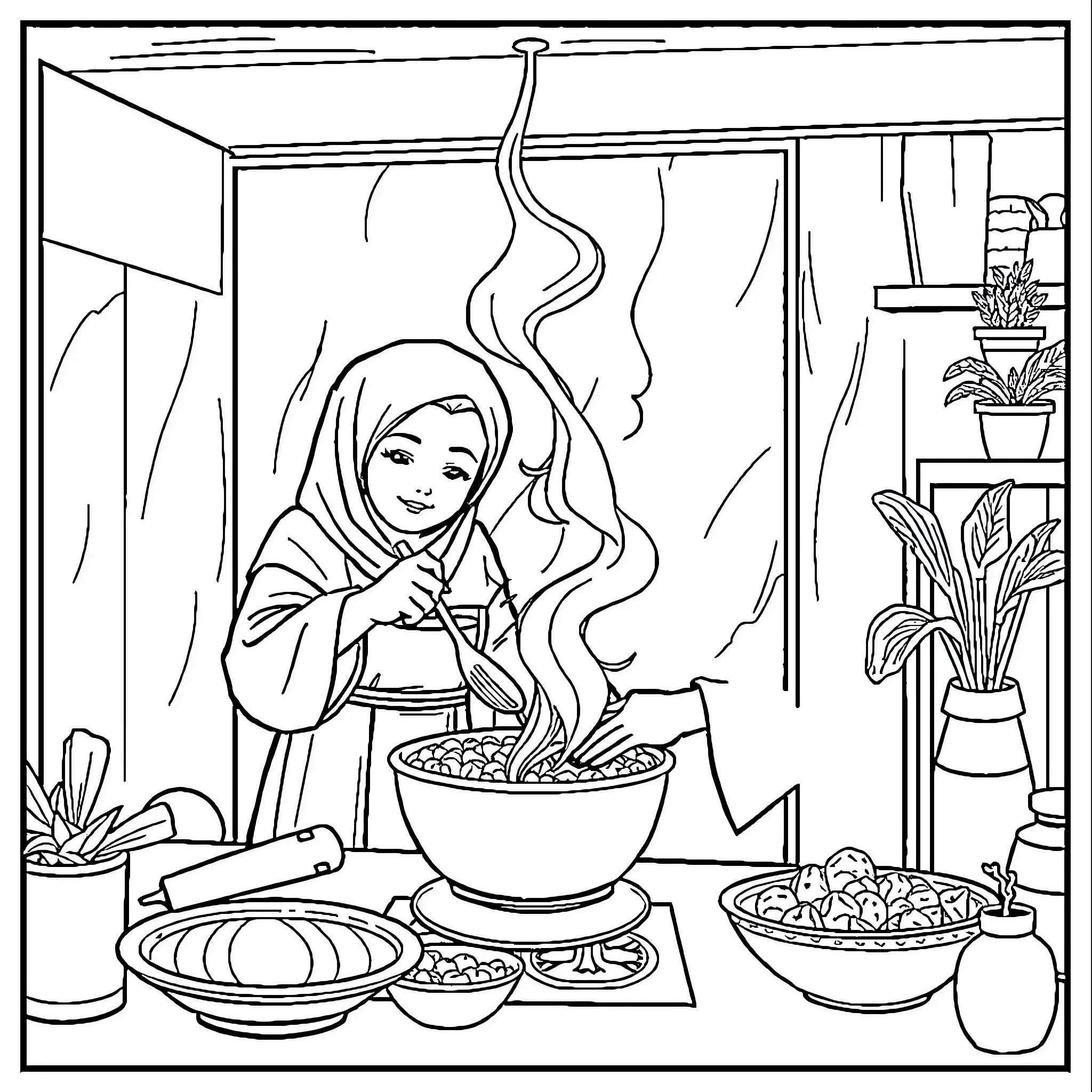 Pemuda Cooking Traditional Meals in the Kitchen Coloring Page (free black-and-white line drawing printable PDF for all, from beginners to advanced learners, including children, teens, adults, and seniors)
