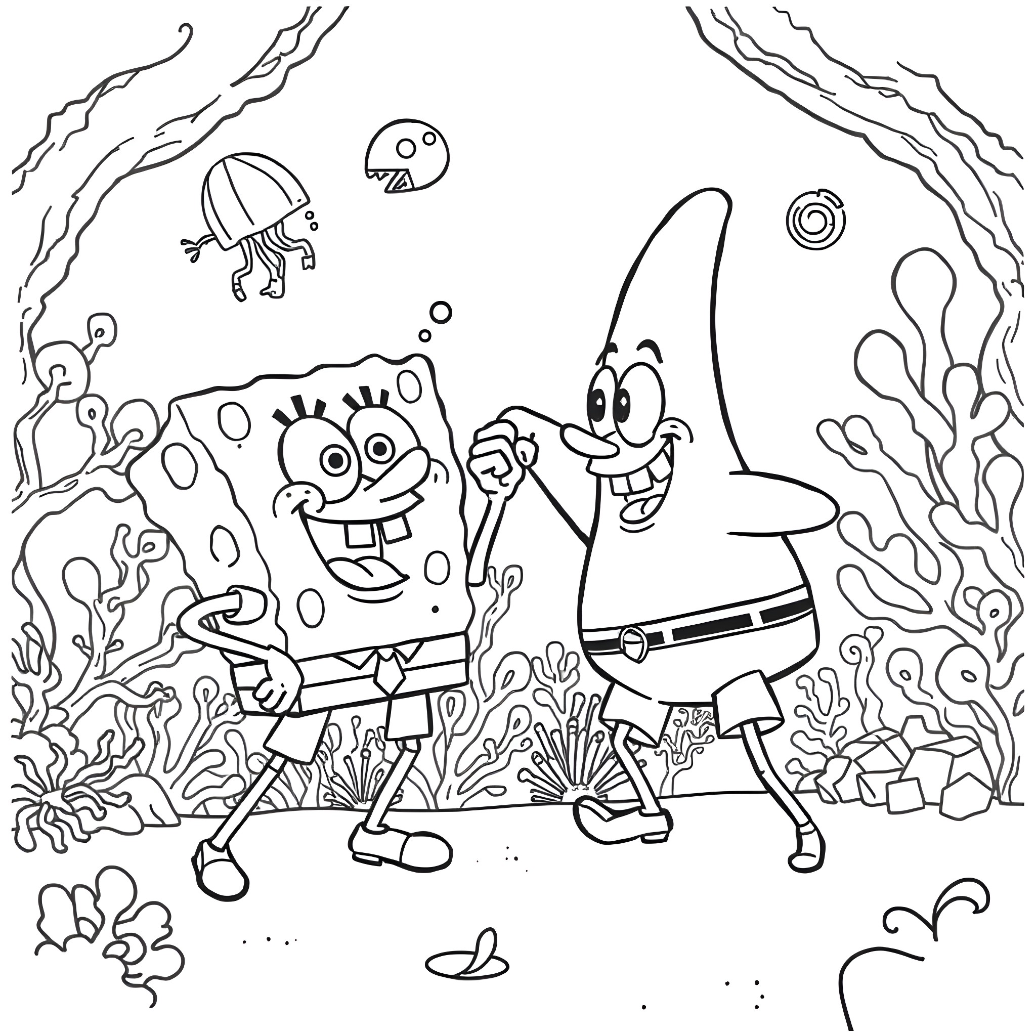 Spongebob and Patrick exploring the underwater world Coloring Page (free black-and-white line drawing printable PDF for all, from beginners to advanced learners, including children, teens, adults, and seniors)