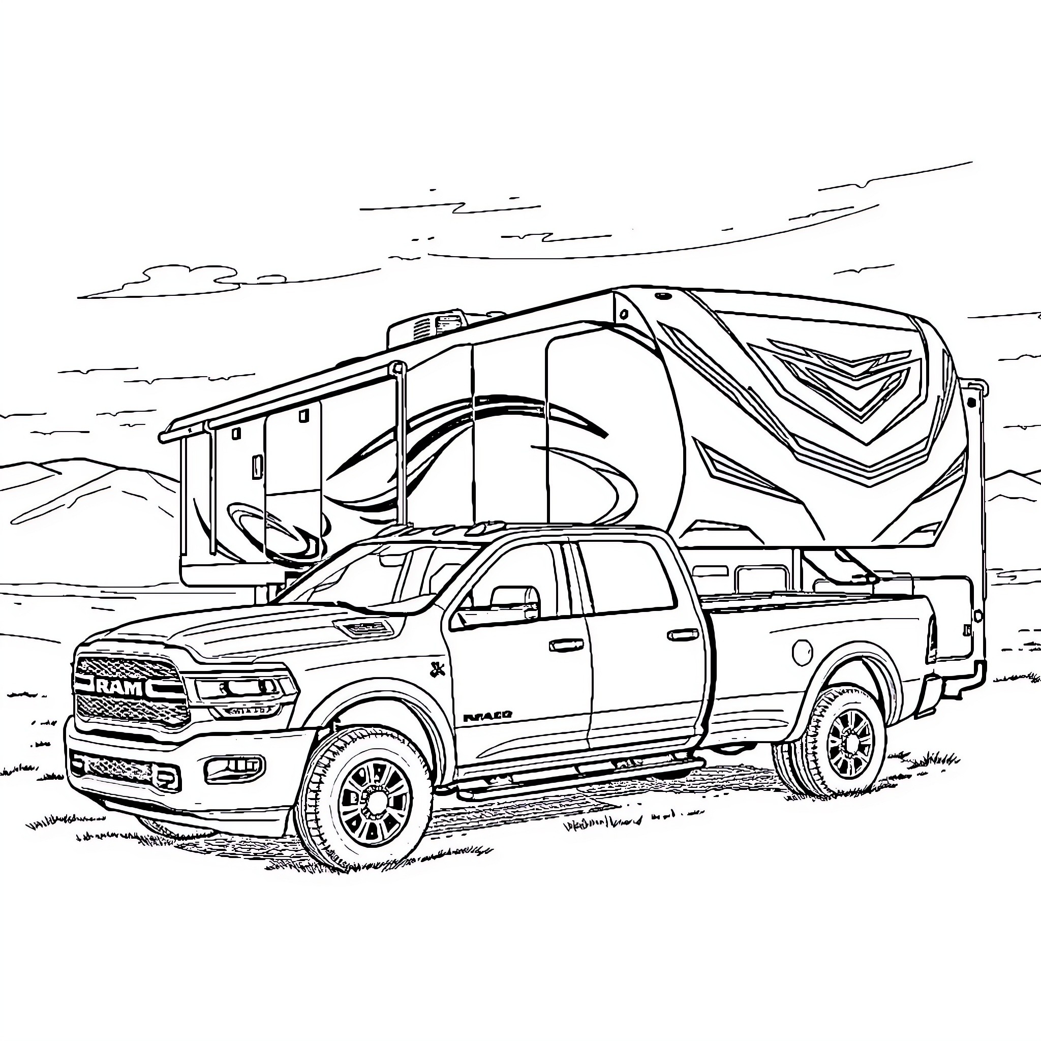 Ram Pickup Truck Towing Recreational Vehicle Coloring Page (free black-and-white line drawing printable PDF for all, from beginners to advanced learners, including children, teens, adults, and seniors)