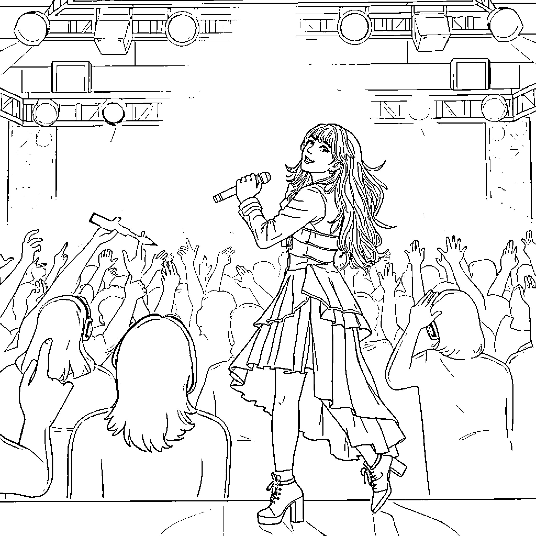 Zoey performing on stage for her adoring fans Coloring Page (free black-and-white line drawing printable PDF for all, from beginners to advanced learners, including children, teens, adults, and seniors)