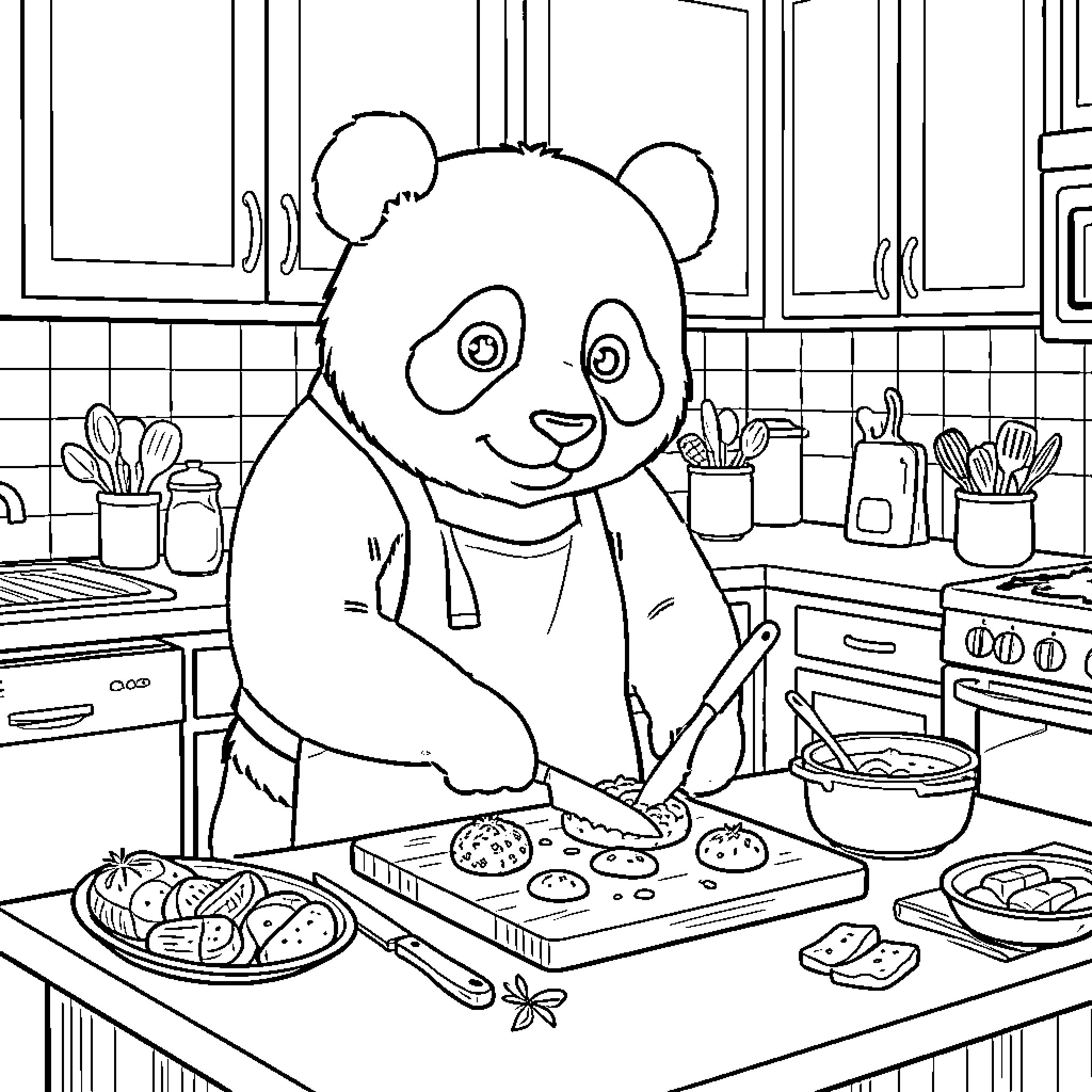 Panda wearing an apron preparing food in a kitchen Coloring Page (free black-and-white line drawing printable PDF for all, from beginners to advanced learners, including children, teens, adults, and seniors)