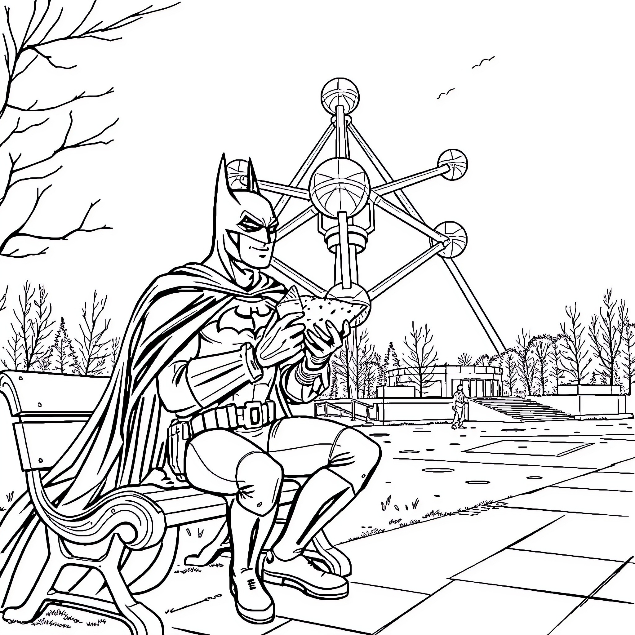 Batman examining the Atomium in a winter landscape Coloring Page (free black-and-white line drawing printable PDF for all, from beginners to advanced learners, including children, teens, adults, and seniors)