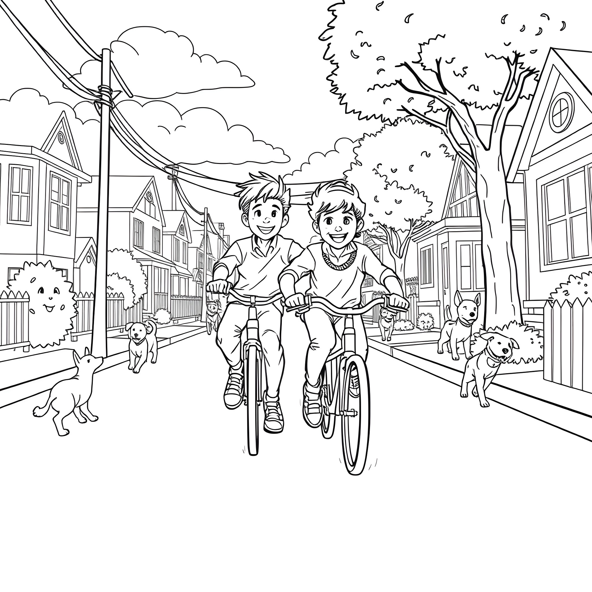 Boys riding bicycles on a neighborhood street Coloring Page (free black-and-white line drawing printable PDF for all, from beginners to advanced learners, including children, teens, adults, and seniors)