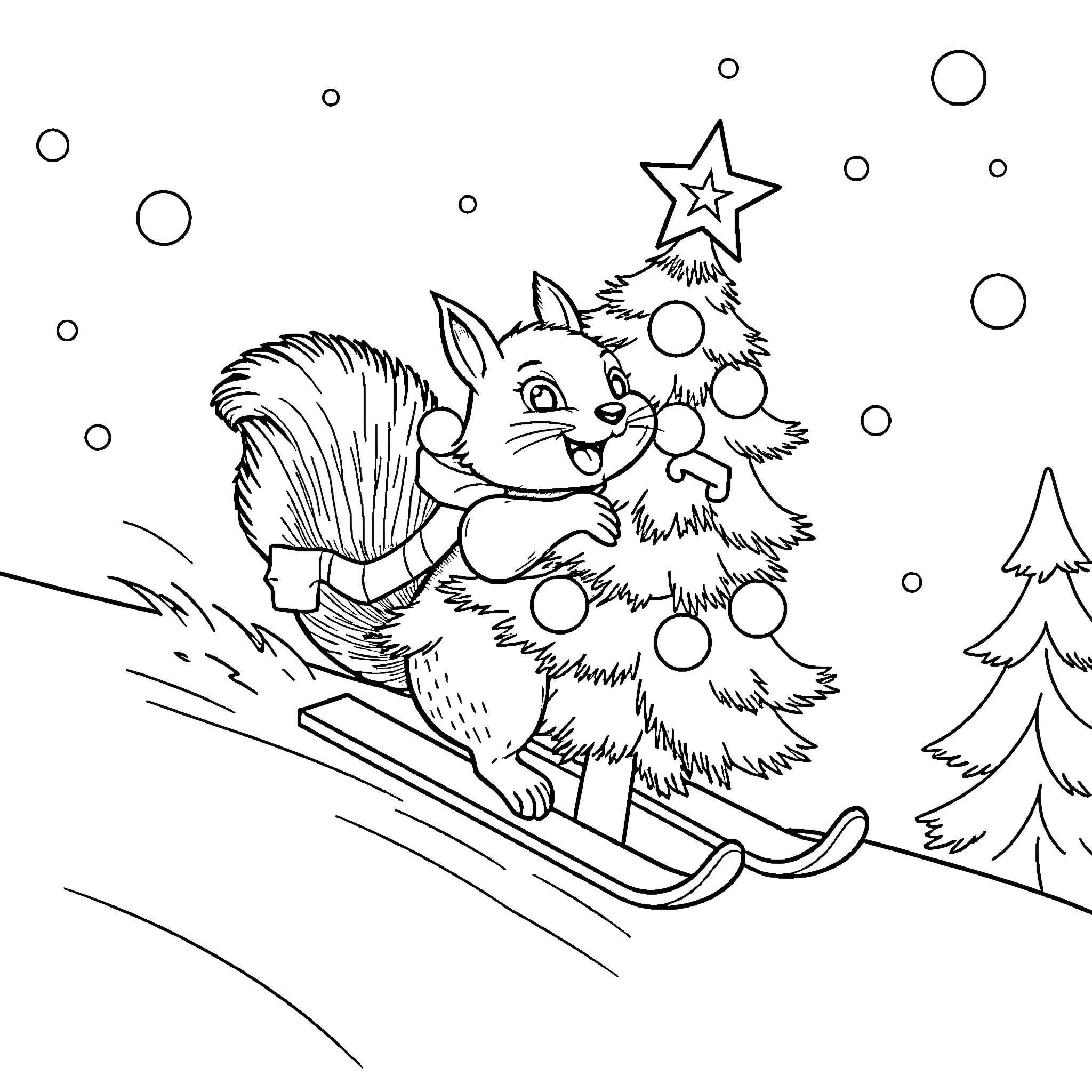 Squirrel sledding down snowy hill with Christmas tree Coloring Page (free black-and-white line drawing printable PDF for all, from beginners to advanced learners, including children, teens, adults, and seniors)