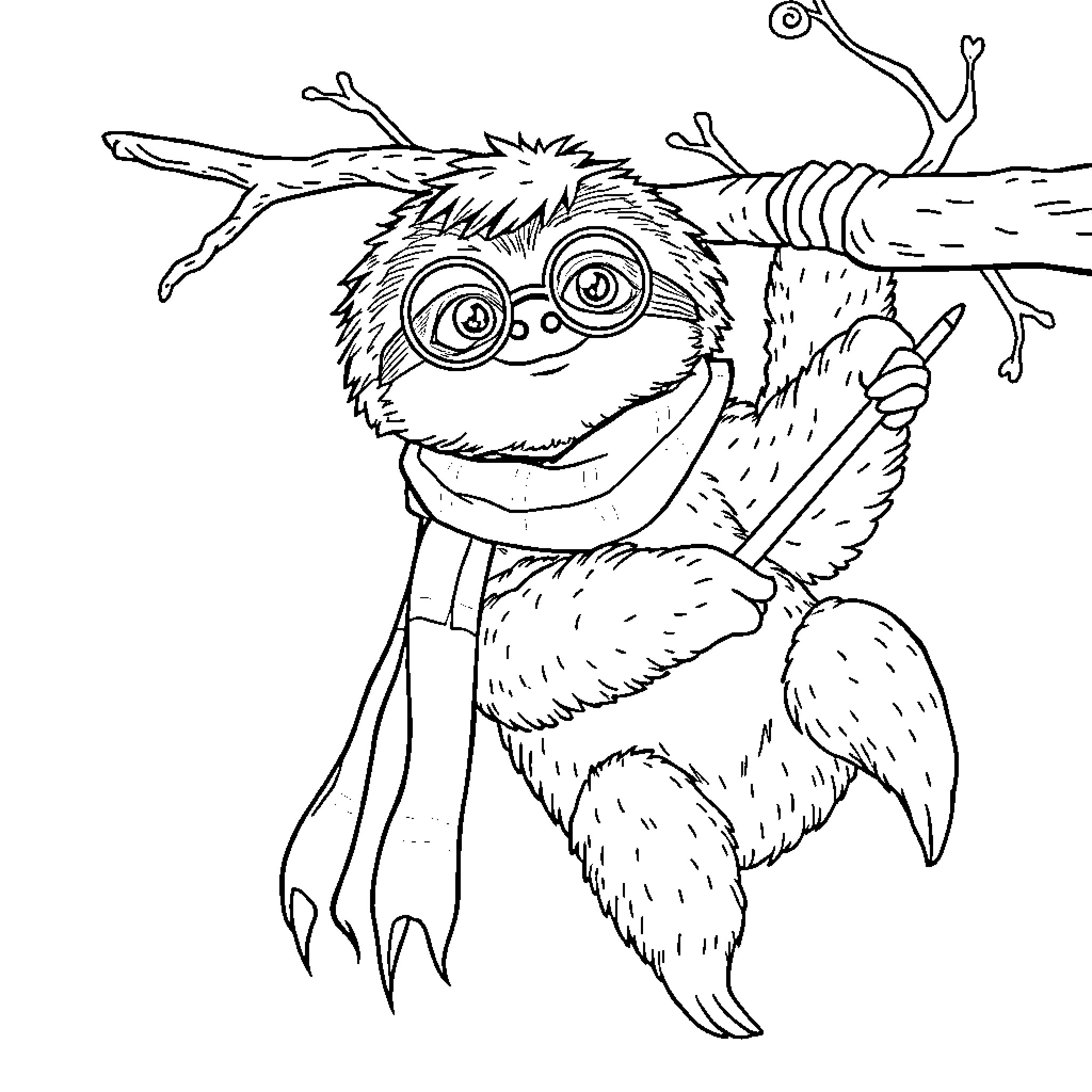 Sloth hanging joyfully on a tree branch Coloring Page (free black-and-white line drawing printable PDF for all, from beginners to advanced learners, including children, teens, adults, and seniors)