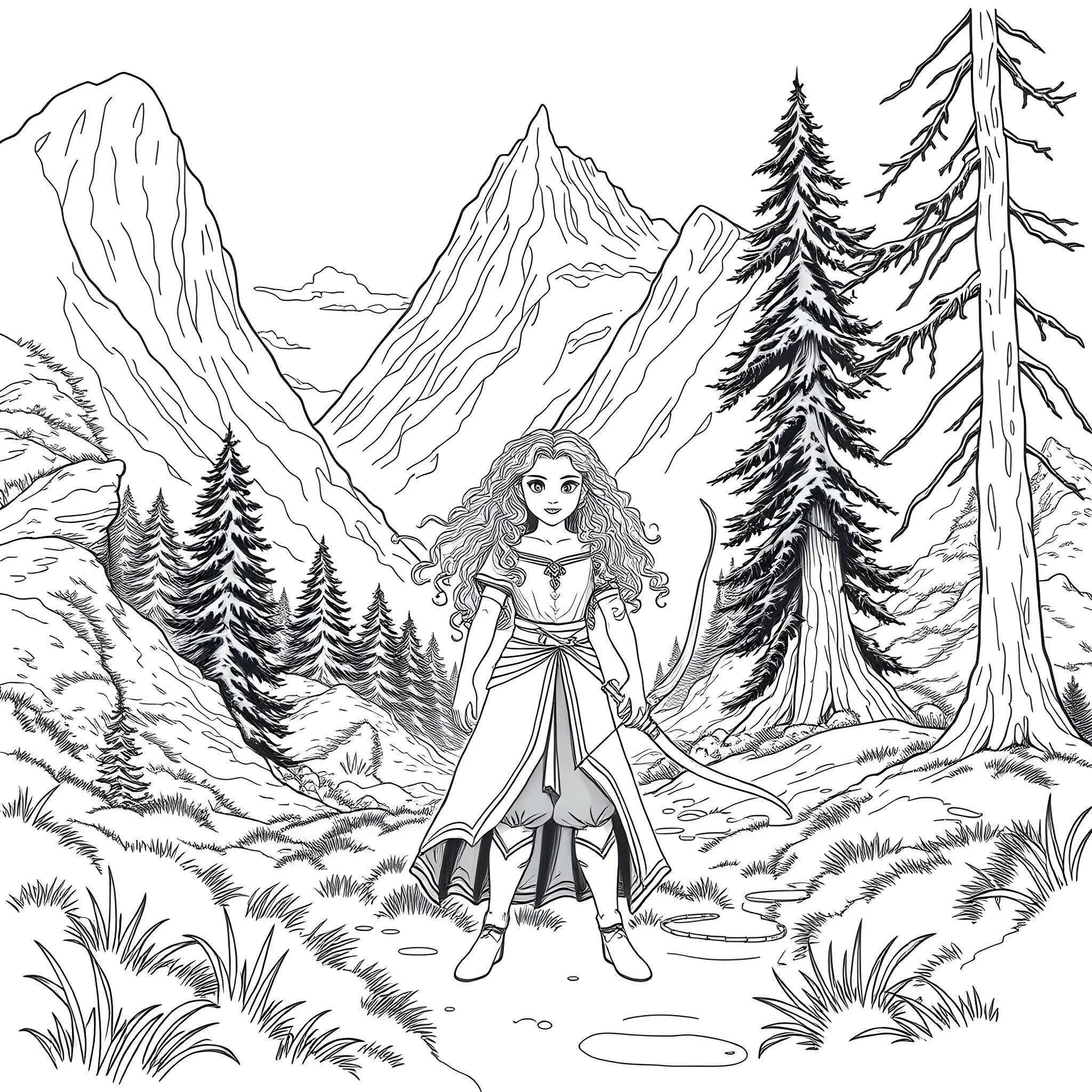 Merida exploring the enchanting mountain landscape Coloring Page (free black-and-white line drawing printable PDF for all, from beginners to advanced learners, including children, teens, adults, and seniors)