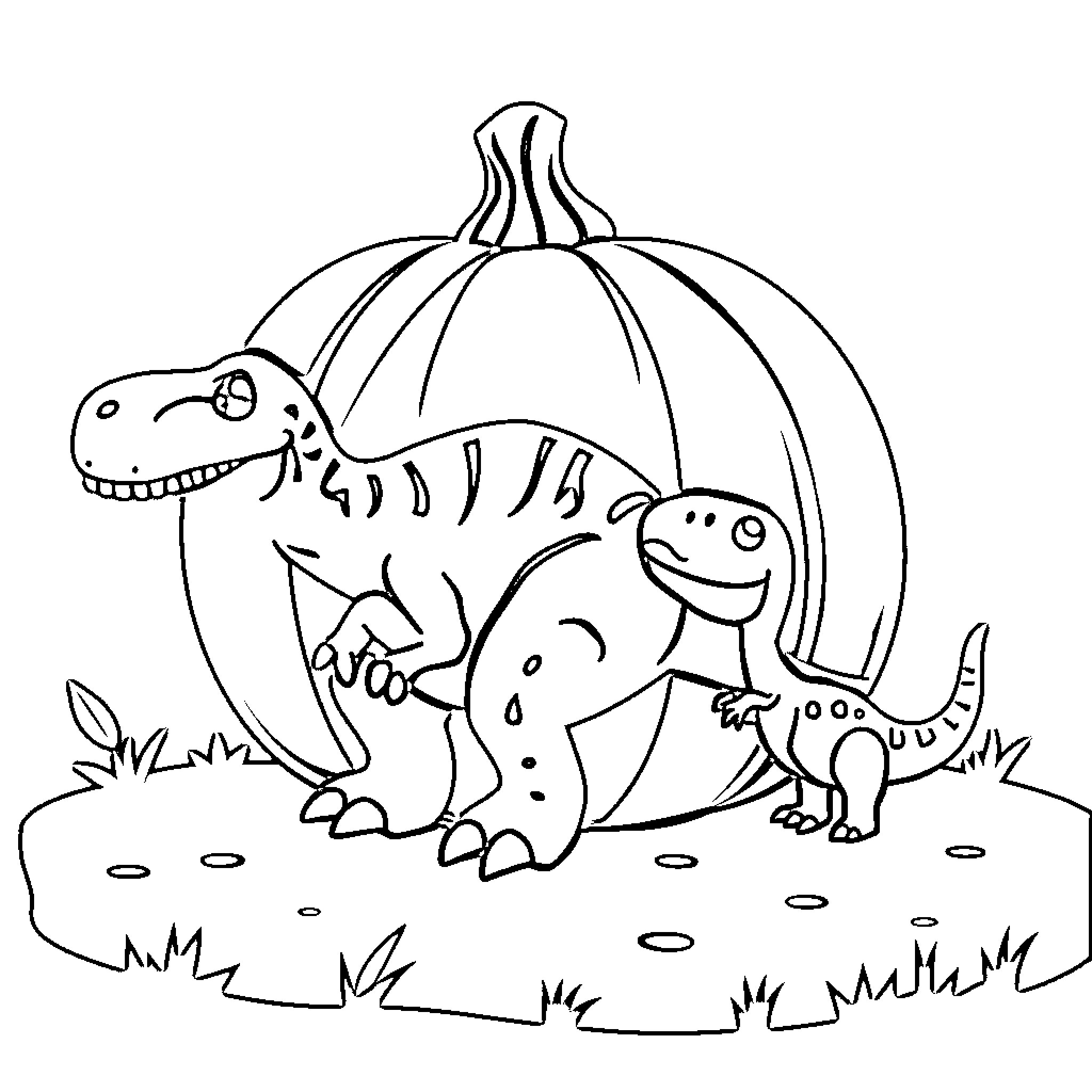 Dinosaur friends having fun outdoors Coloring Page (free black-and-white line drawing printable PDF for all, from beginners to advanced learners, including children, teens, adults, and seniors)