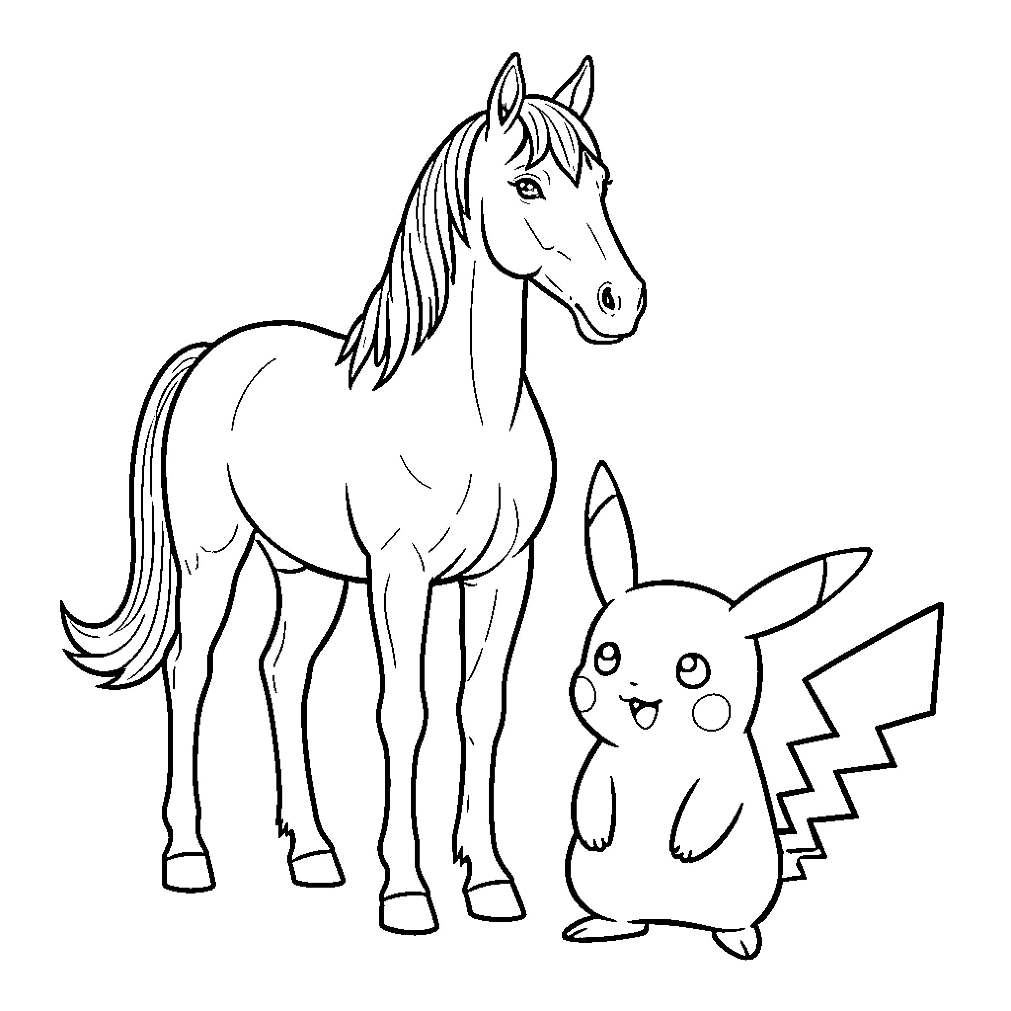 Horse and Pikachu Sharing an Encounter Coloring Page (free black-and-white line drawing printable PDF for all, from beginners to advanced learners, including children, teens, adults, and seniors)