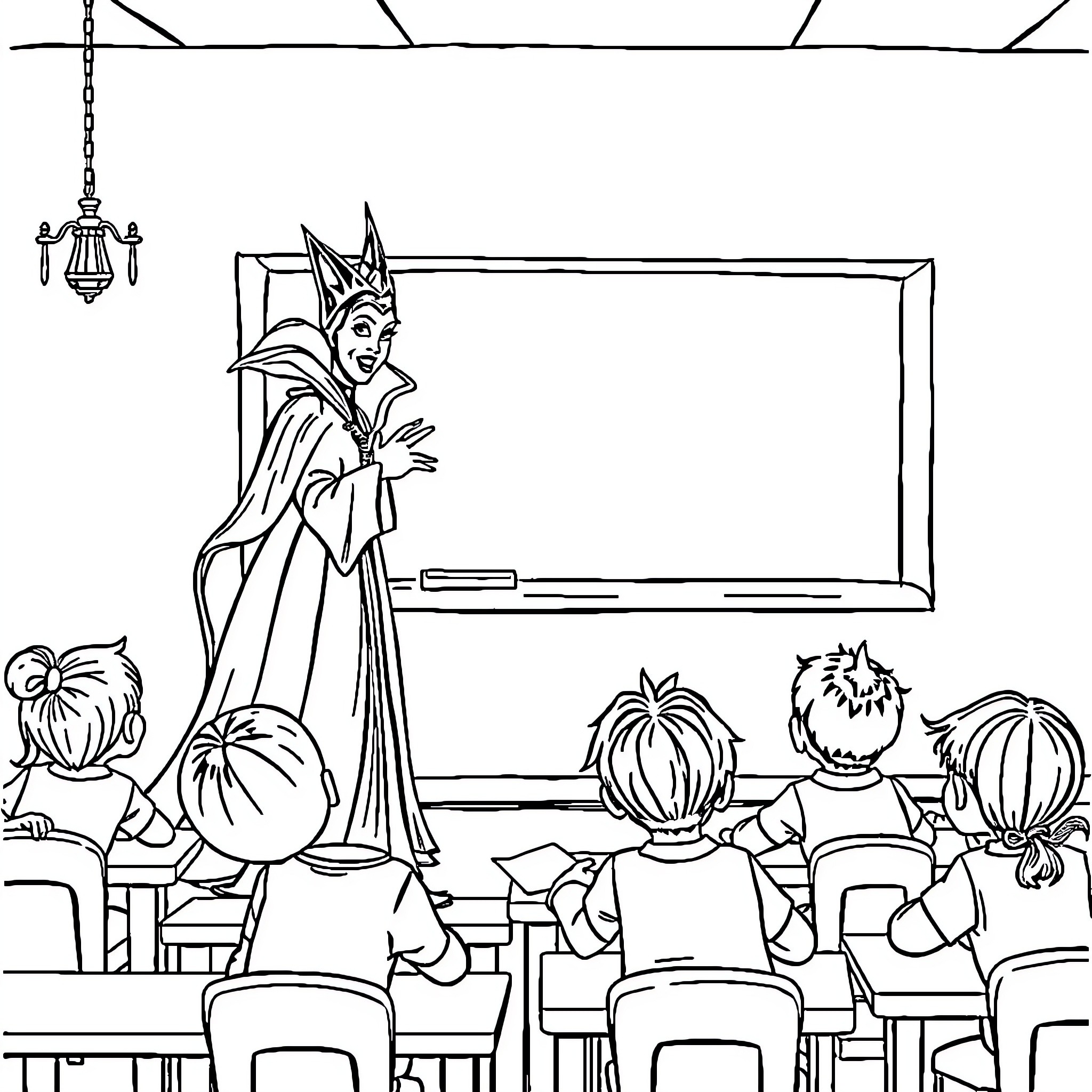 Queen Teaching Students in Classroom Coloring Page (free black-and-white line drawing printable PDF for all, from beginners to advanced learners, including children, teens, adults, and seniors)