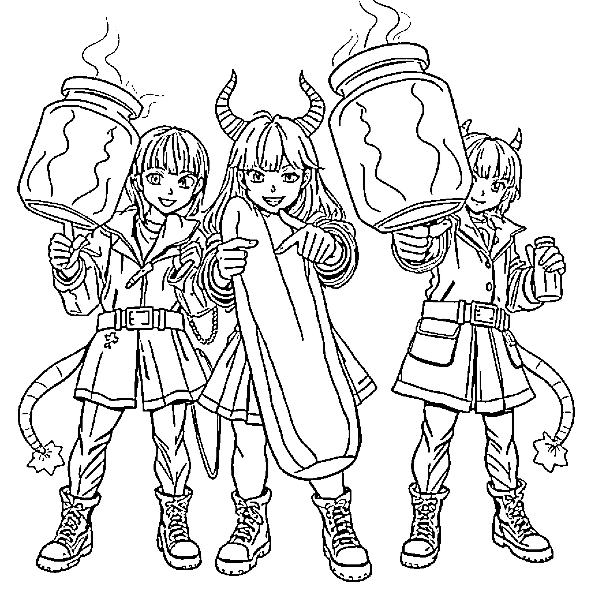 Demon Hunters Equipped for Action Coloring Page (free black-and-white line drawing printable PDF for all, from beginners to advanced learners, including children, teens, adults, and seniors)