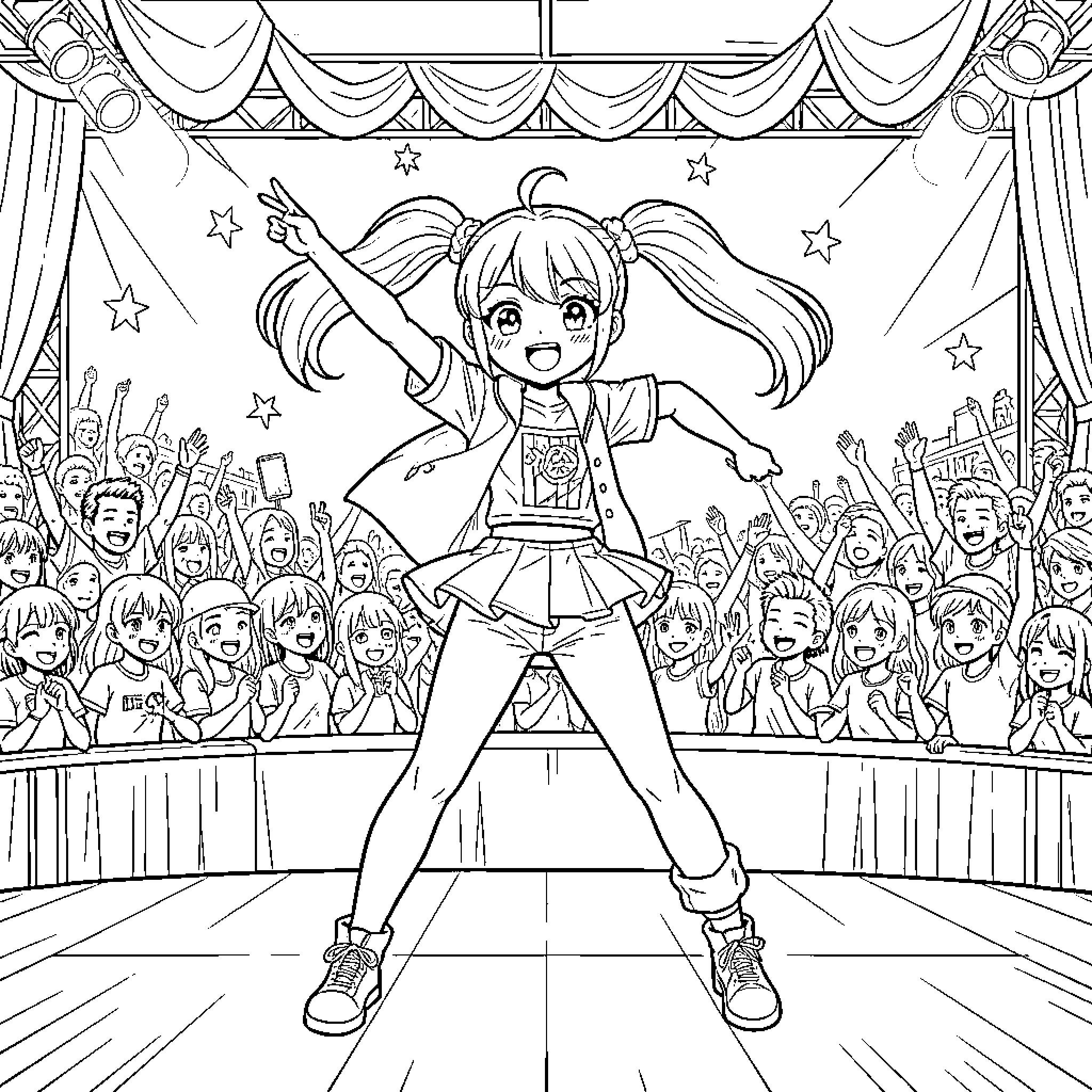Anime Girl performing energetically on a concert stage Coloring Page (free black-and-white line drawing printable PDF for all, from beginners to advanced learners, including children, teens, adults, and seniors)