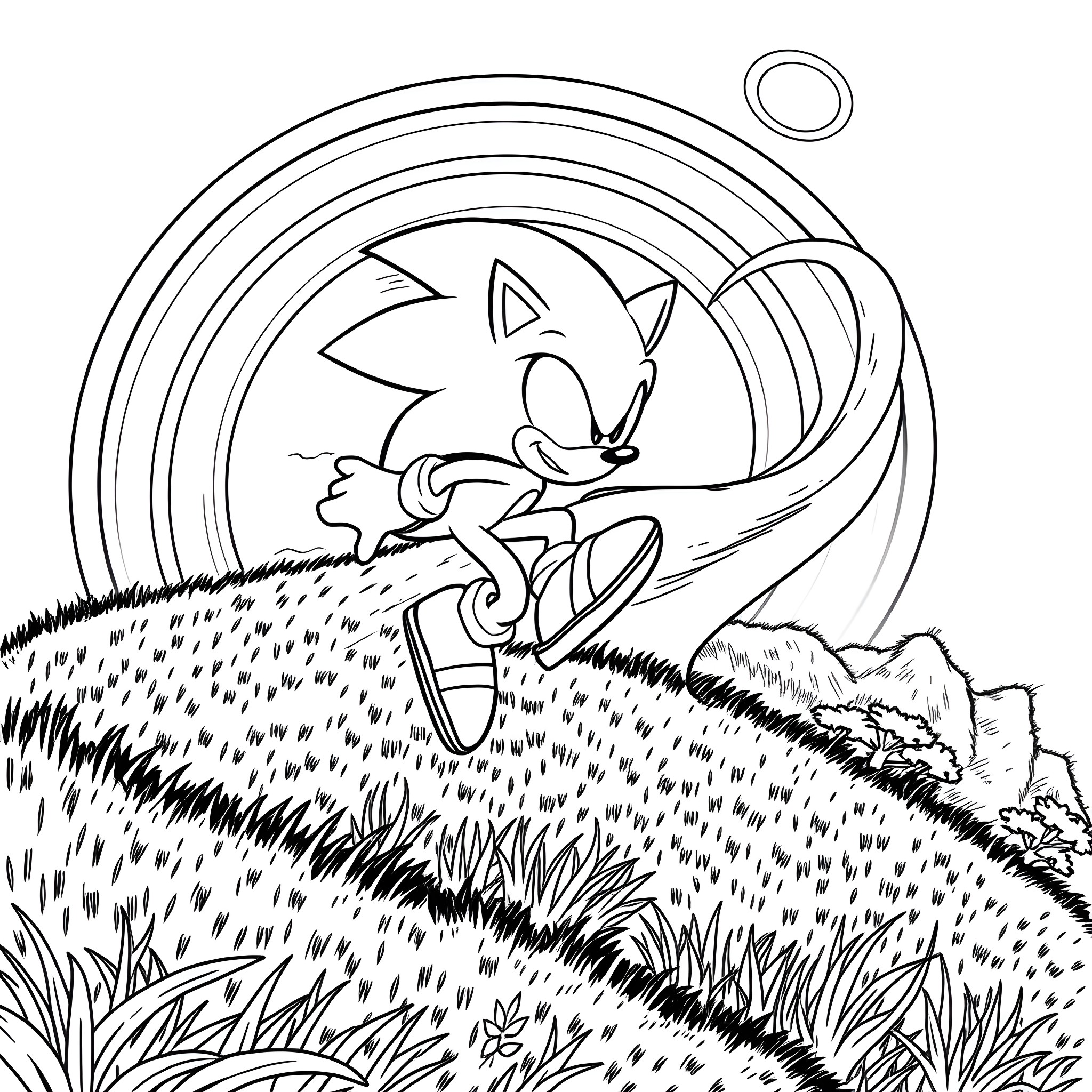 Sonic speeding through a grassy landscape Coloring Page (free black-and-white line drawing printable PDF for all, from beginners to advanced learners, including children, teens, adults, and seniors)