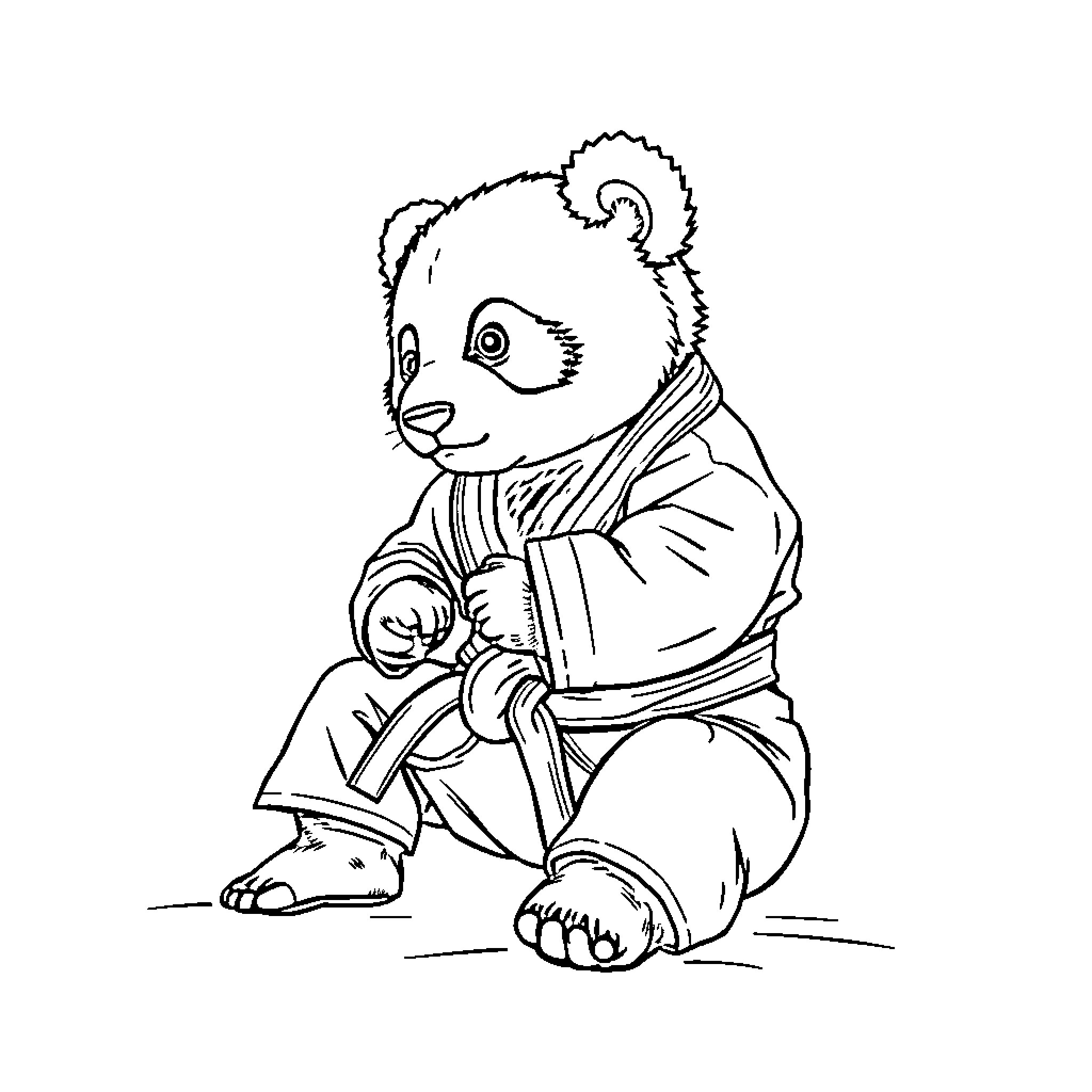 Panda practicing martial arts in traditional outfit Coloring Page (free black-and-white line drawing printable PDF for all, from beginners to advanced learners, including children, teens, adults, and seniors)