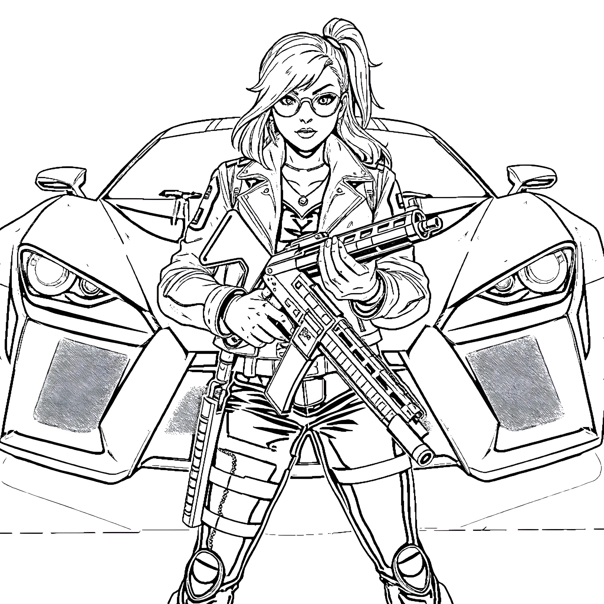 Rebecca with a powerful weapon in front of a car Coloring Page (free black-and-white line drawing printable PDF for all, from beginners to advanced learners, including children, teens, adults, and seniors)