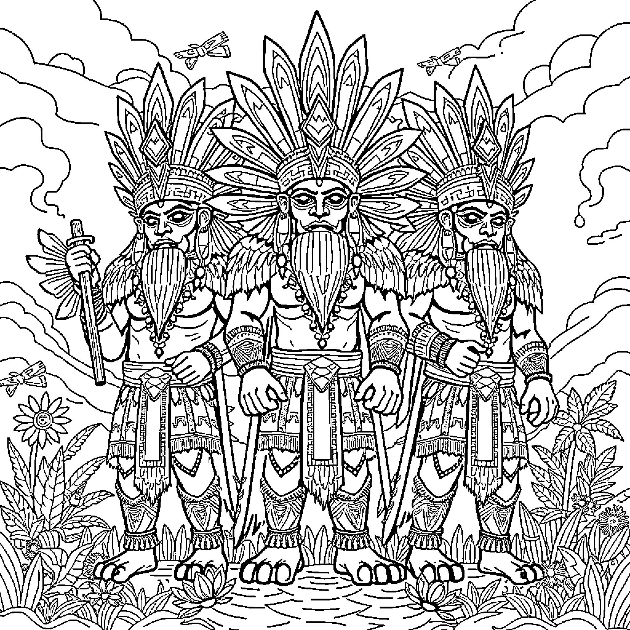 God's Guardians of the Mystical Garden Coloring Page (free black-and-white line drawing printable PDF for all, from beginners to advanced learners, including children, teens, adults, and seniors)