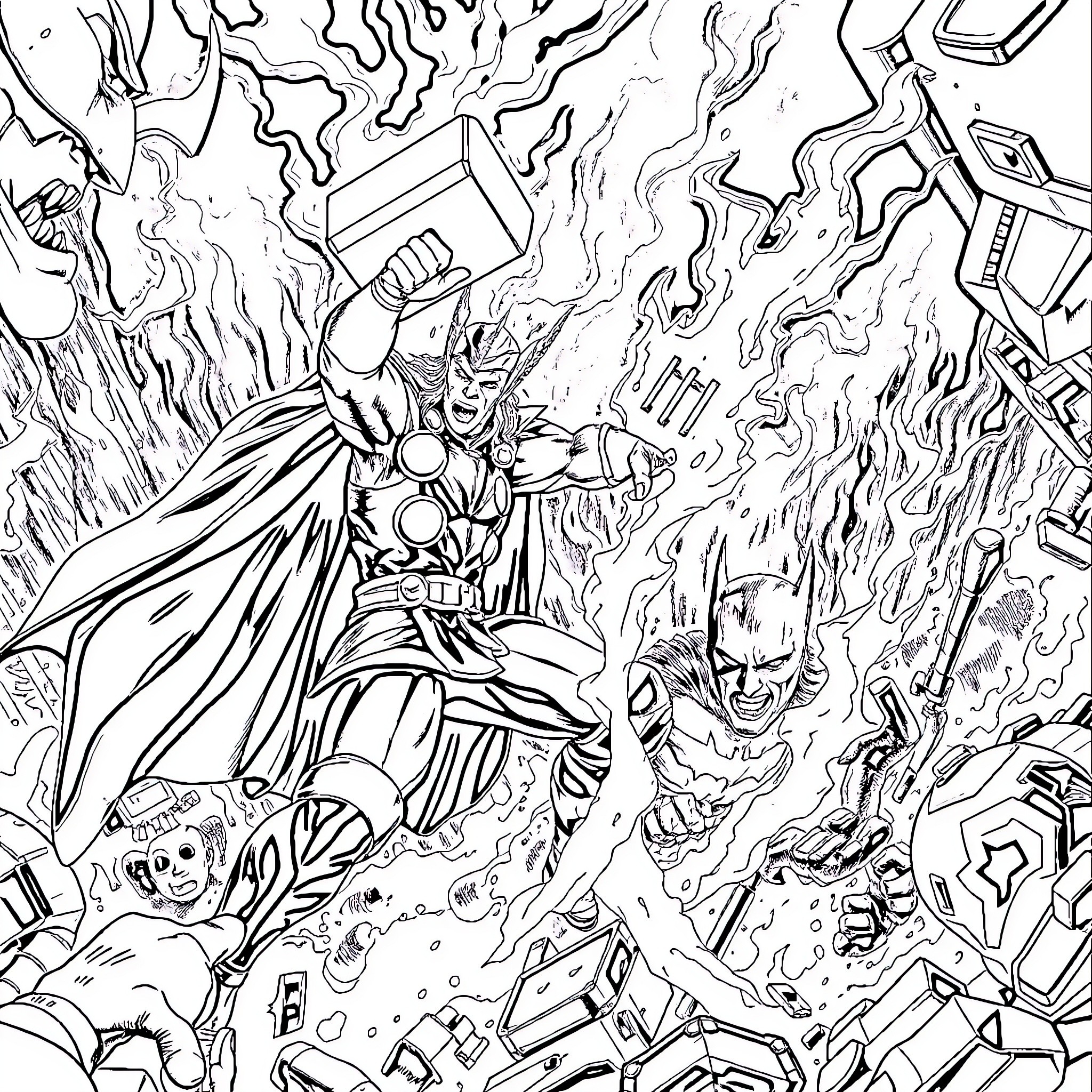 Thor Battles Foes in Intense Clash Coloring Page (free black-and-white line drawing printable PDF for all, from beginners to advanced learners, including children, teens, adults, and seniors)