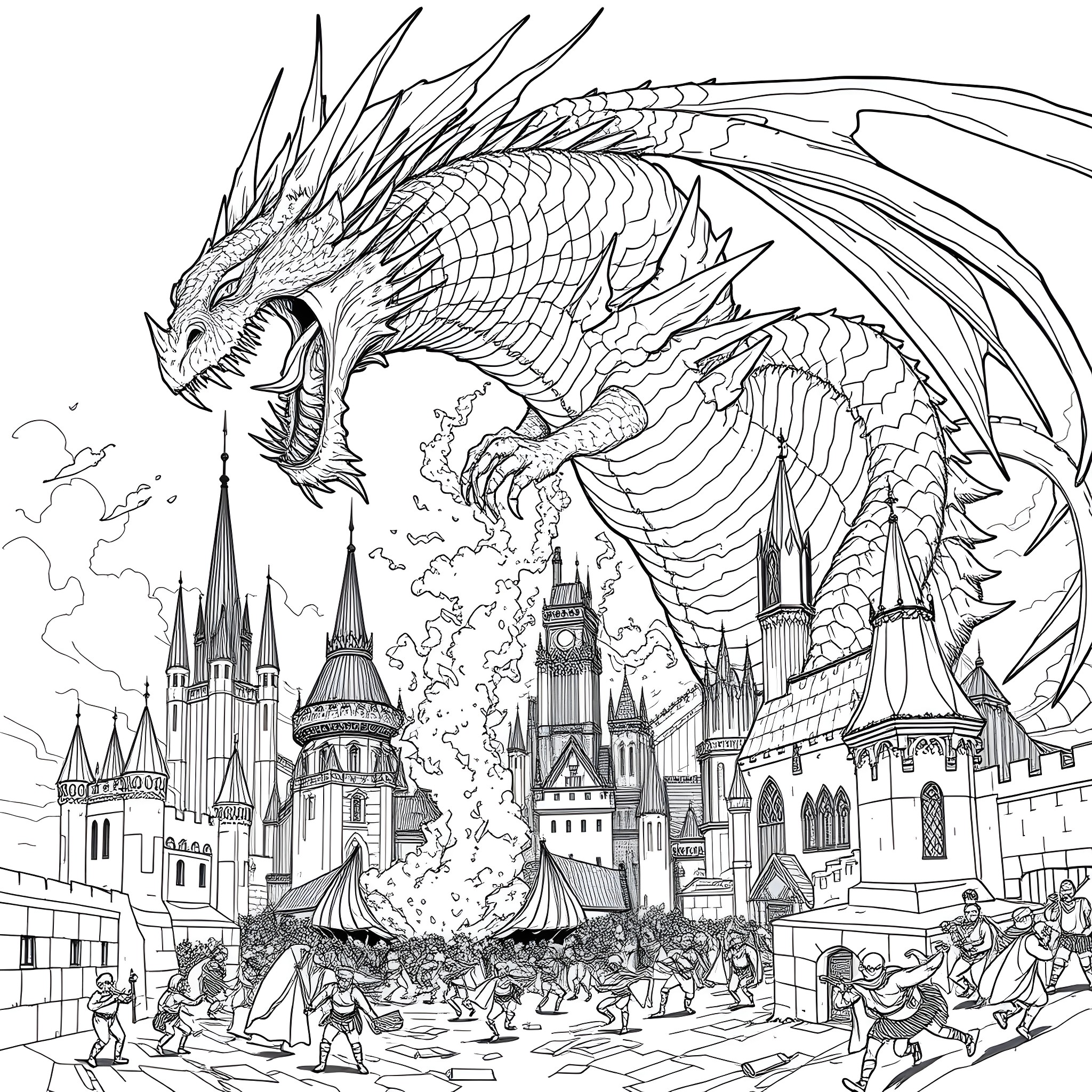 Dragon attacking a medieval fantasy city Coloring Page (free black-and-white line drawing printable PDF for all, from beginners to advanced learners, including children, teens, adults, and seniors)