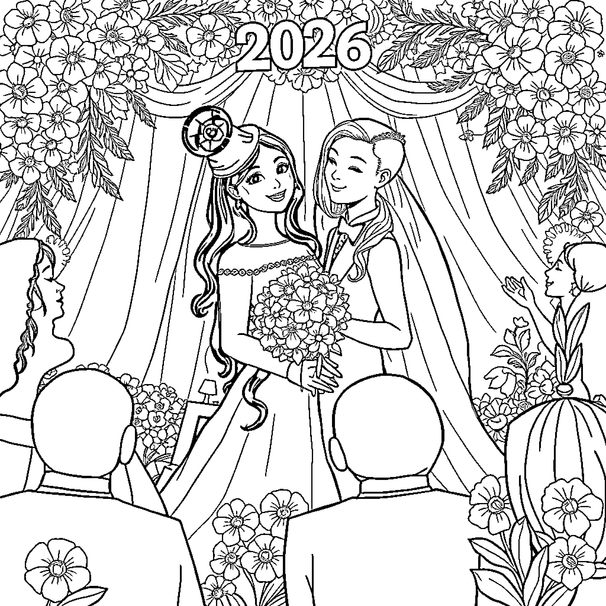 Selena's Enchanting Wedding Celebration in 2026 Coloring Page (free black-and-white line drawing printable PDF for all, from beginners to advanced learners, including children, teens, adults, and seniors)
