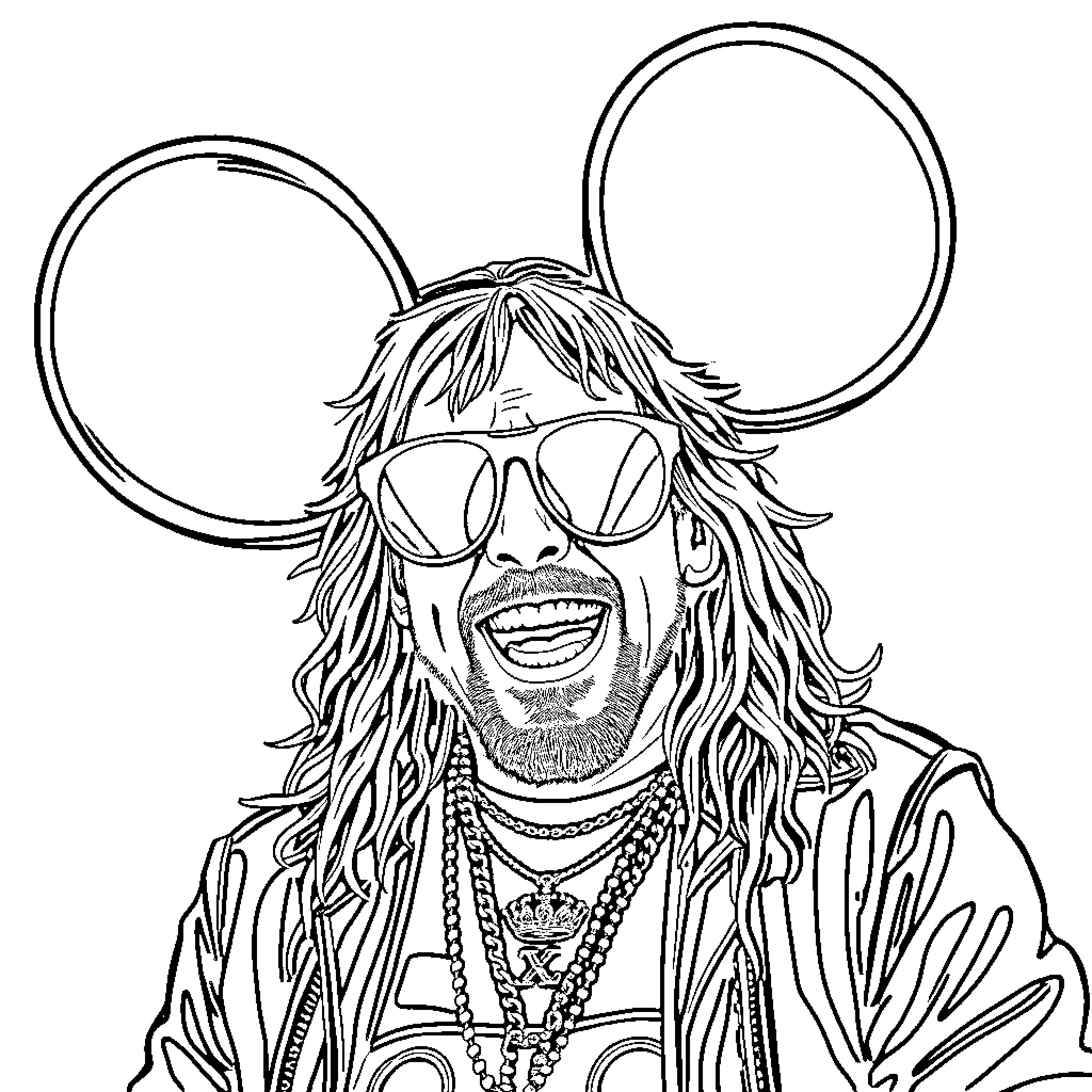 Axl Rose in whimsical and eccentric stage outfit Coloring Page (free black-and-white line drawing printable PDF for all, from beginners to advanced learners, including children, teens, adults, and seniors)