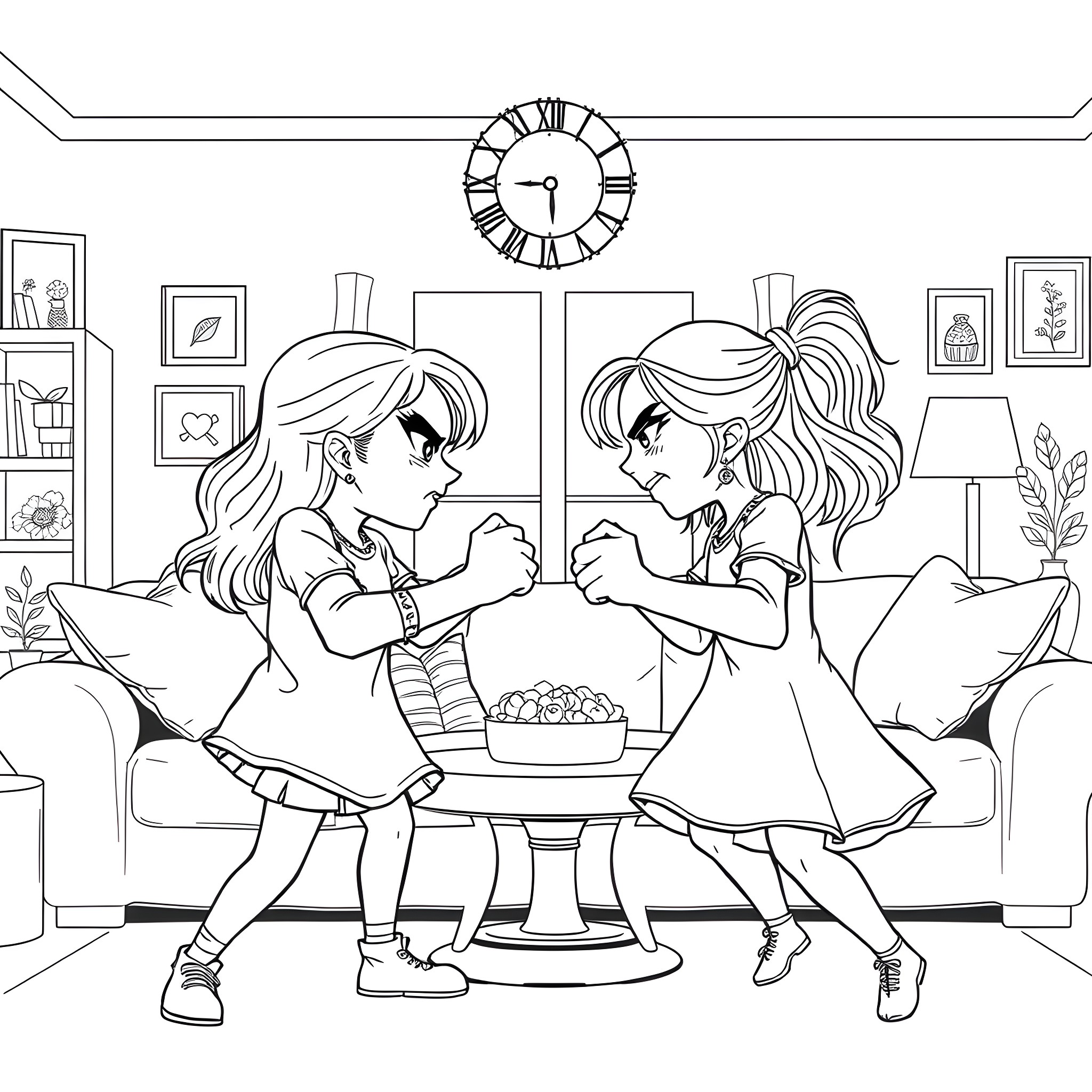 Sister's Playful Dance Together Coloring Page (free black-and-white line drawing printable PDF for all, from beginners to advanced learners, including children, teens, adults, and seniors)