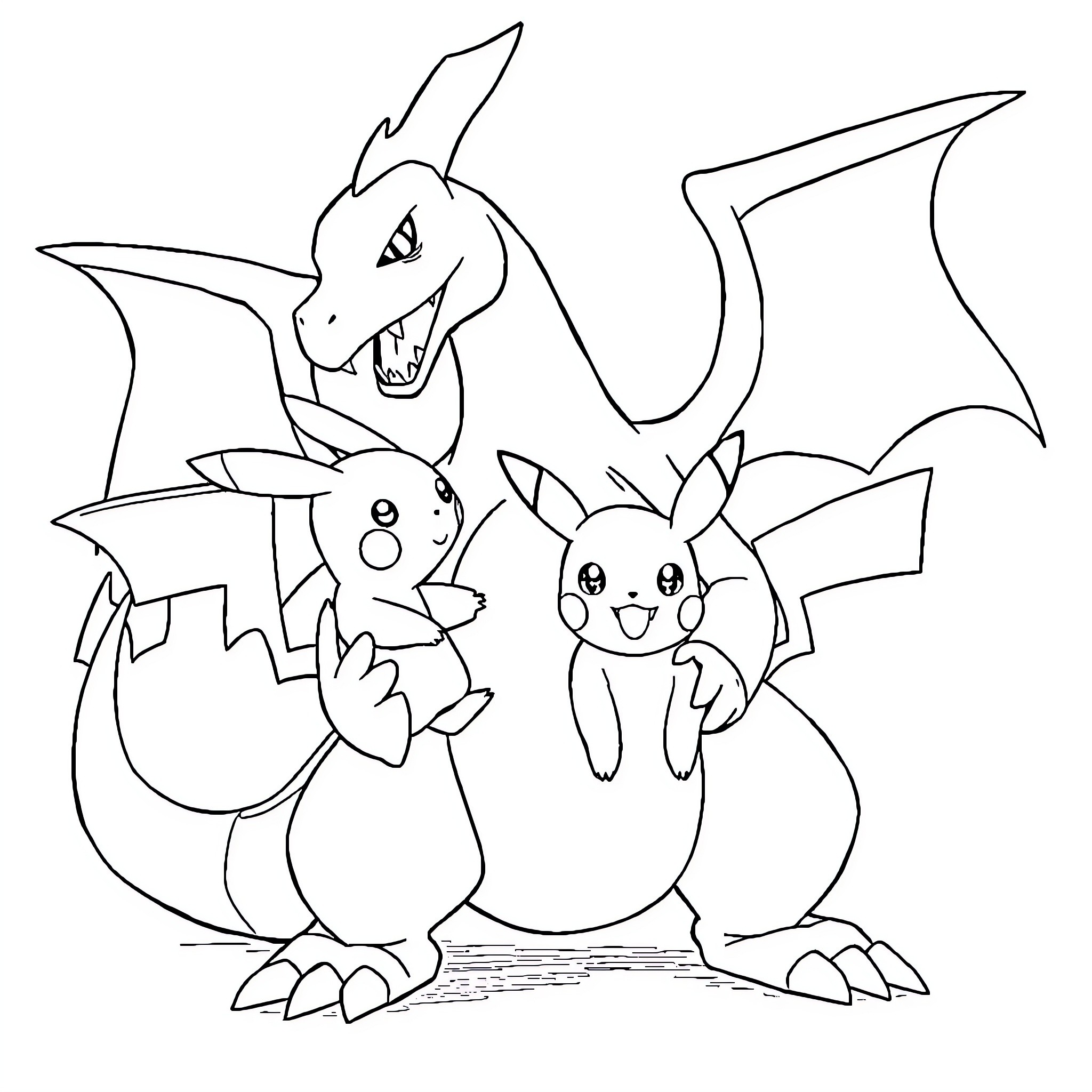 Charizard and Pikachu playing together Coloring Page (free black-and-white line drawing printable PDF for all, from beginners to advanced learners, including children, teens, adults, and seniors)