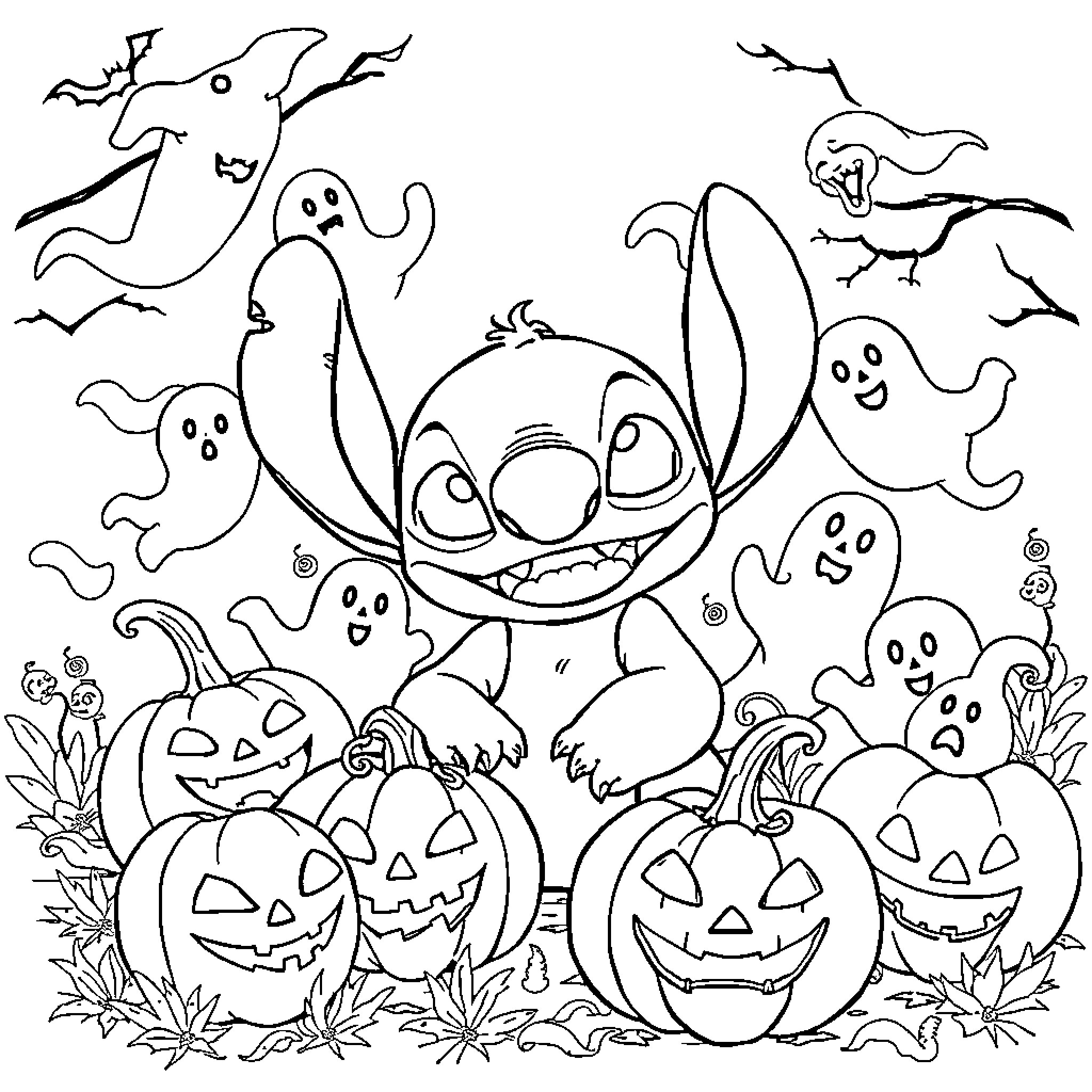 Stitch surrounded by playful ghosts and jack-o'-lanterns Coloring Page (free black-and-white line drawing printable PDF for all, from beginners to advanced learners, including children, teens, adults, and seniors)