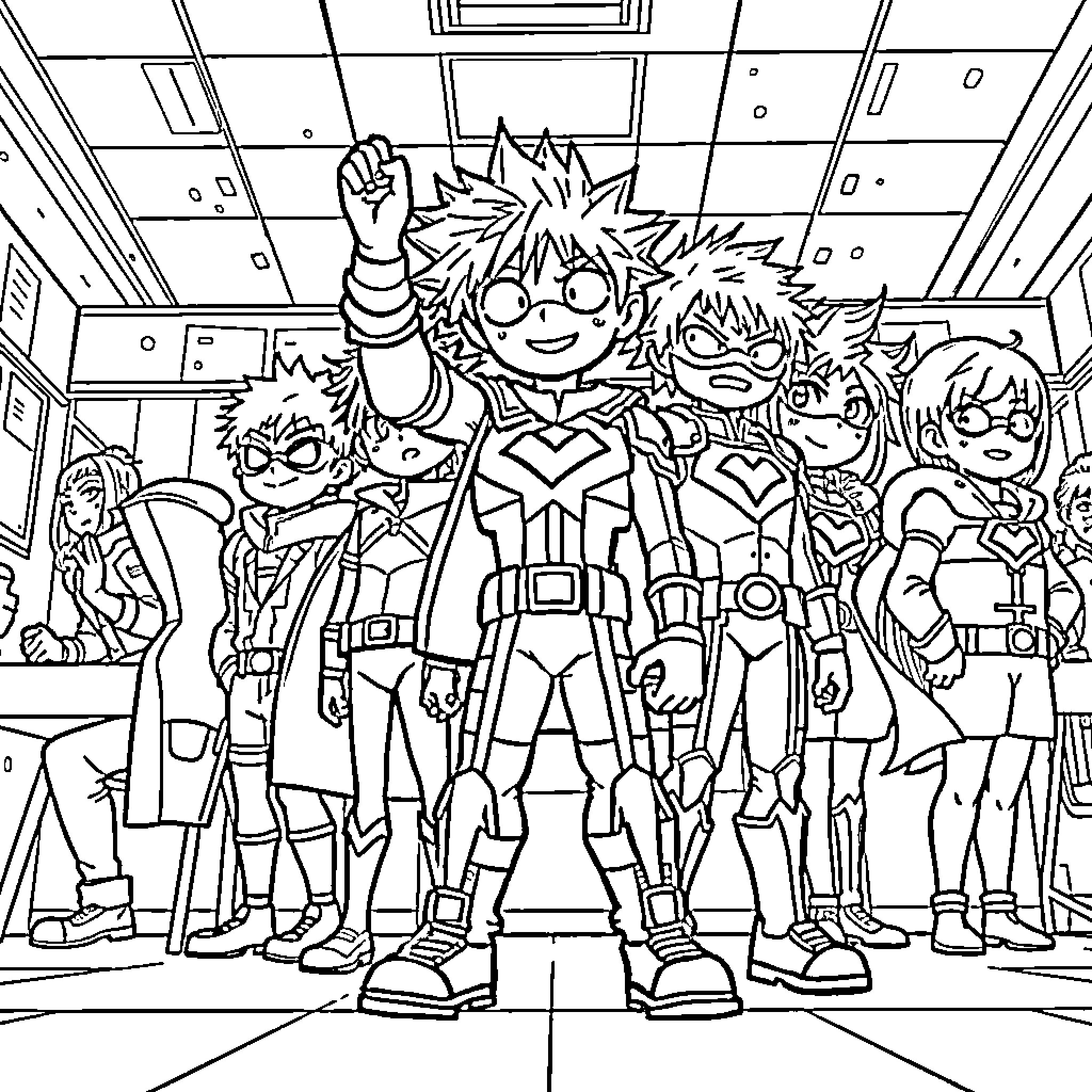 My Hero Academia Group Photo Featuring Main Characters Coloring Page (free black-and-white line drawing printable PDF for all, from beginners to advanced learners, including children, teens, adults, and seniors)