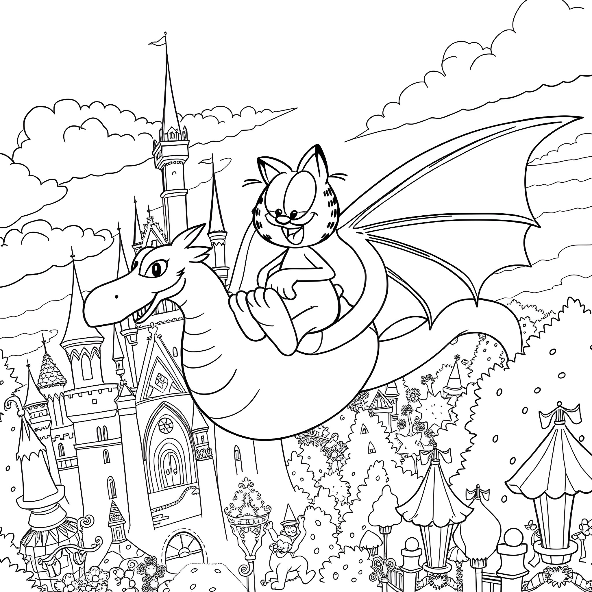 Garfield and dragon flying over fantasy castle Coloring Page (free black-and-white line drawing printable PDF for all, from beginners to advanced learners, including children, teens, adults, and seniors)